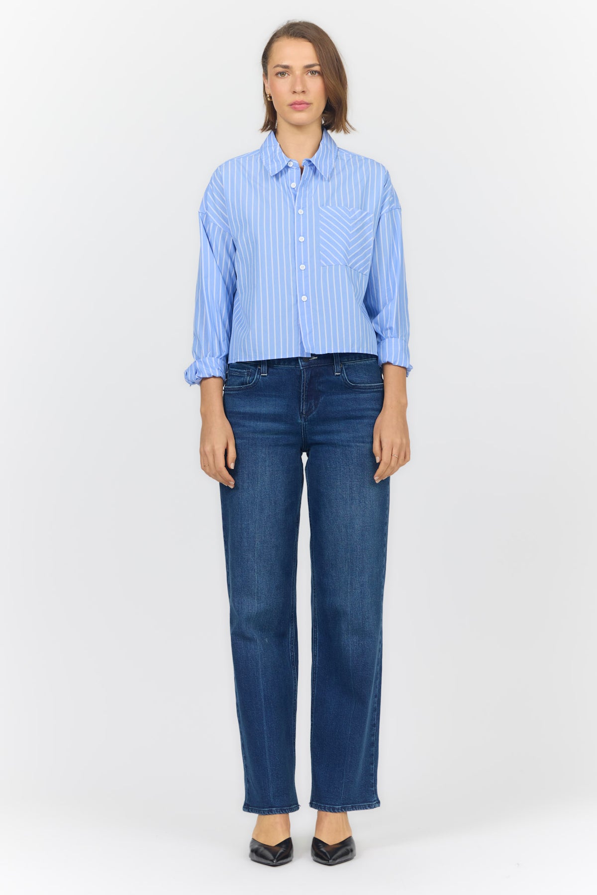 CROPPED SHIRT VARSITY STRIPE BLUE — Dear John Denim