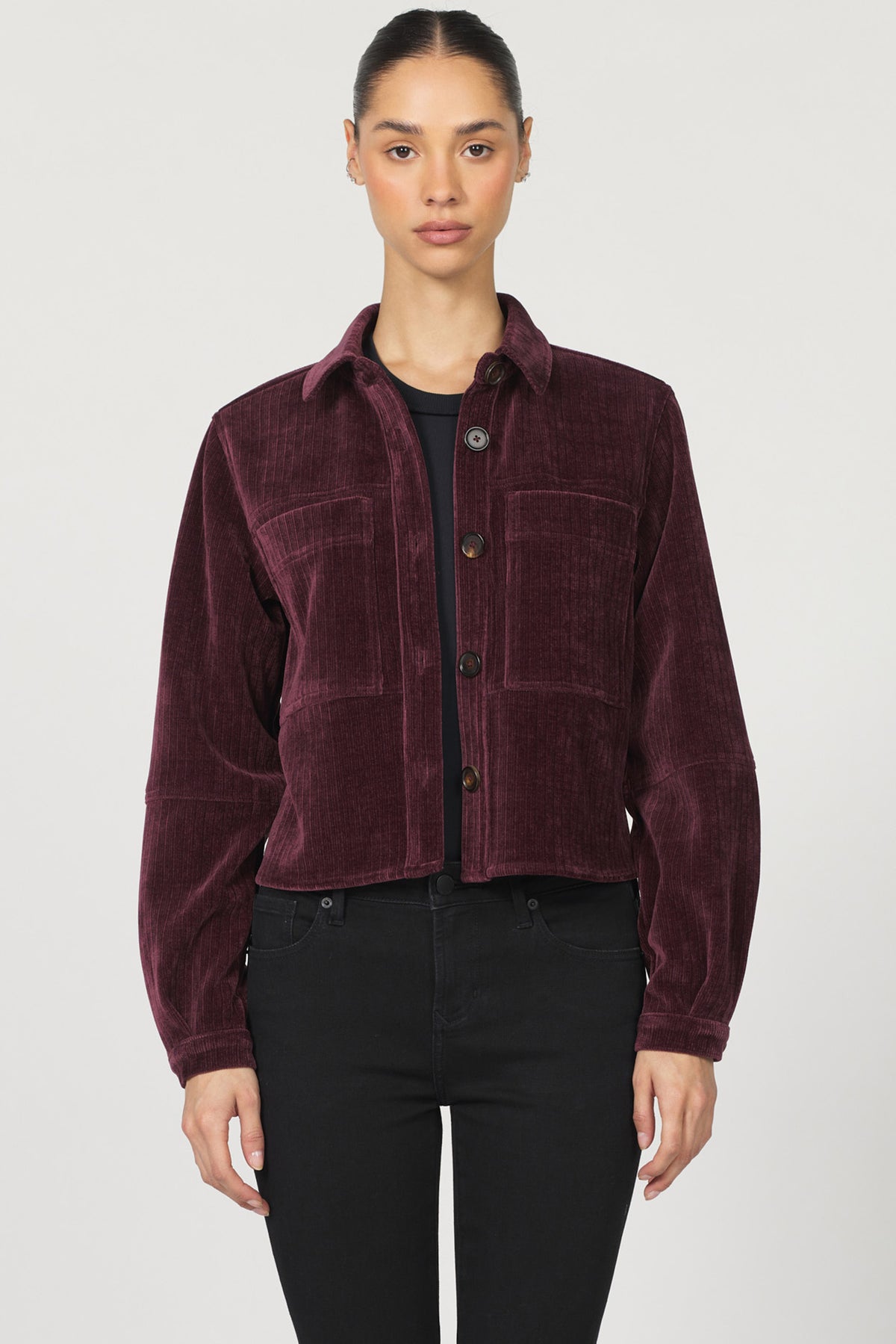 CROPPED GINA LONG SLEEVE JACKETS FIG FRONT — Dear John Denim
