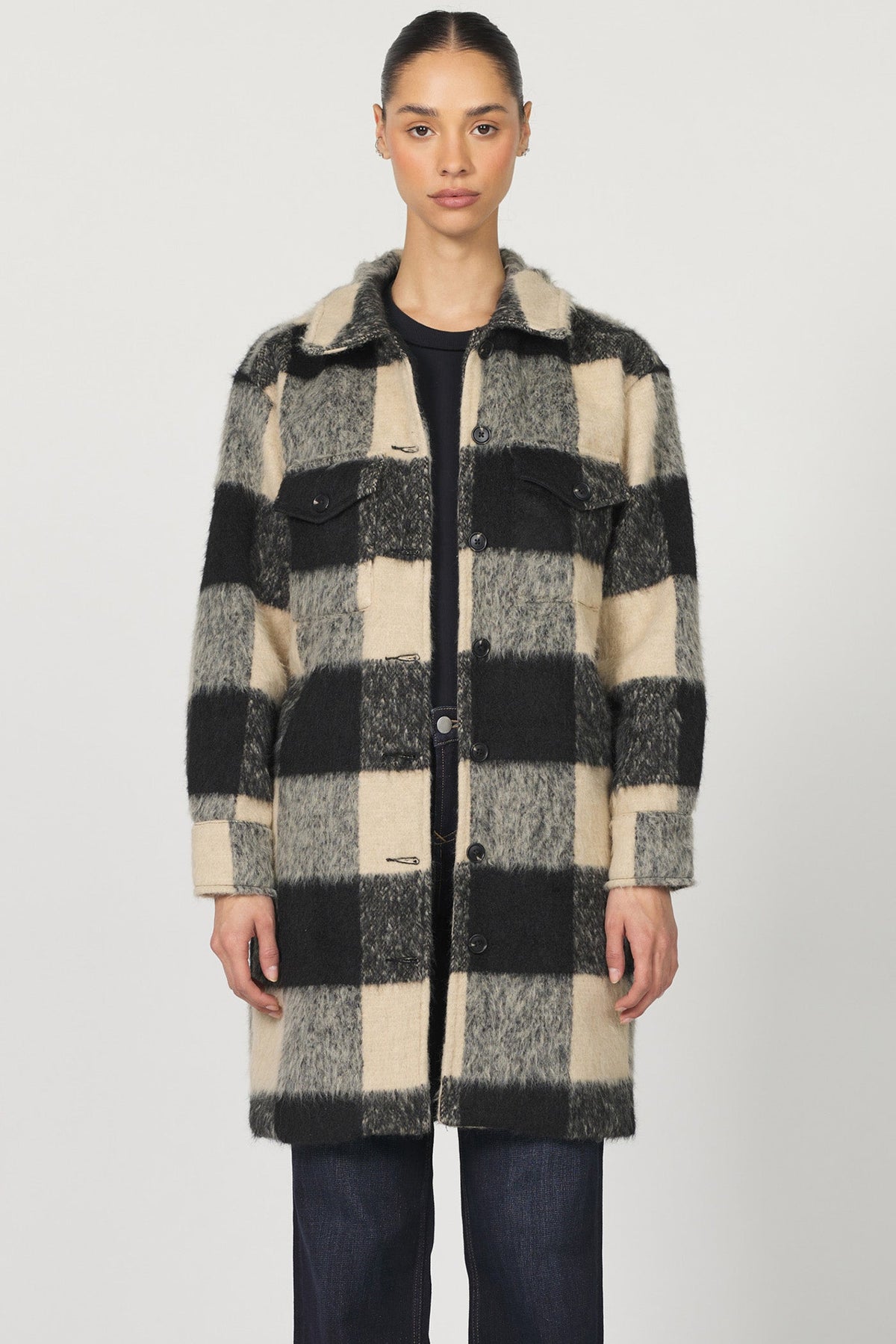 carmine-long-jacket-black-cream-plaid — Dear John Denim