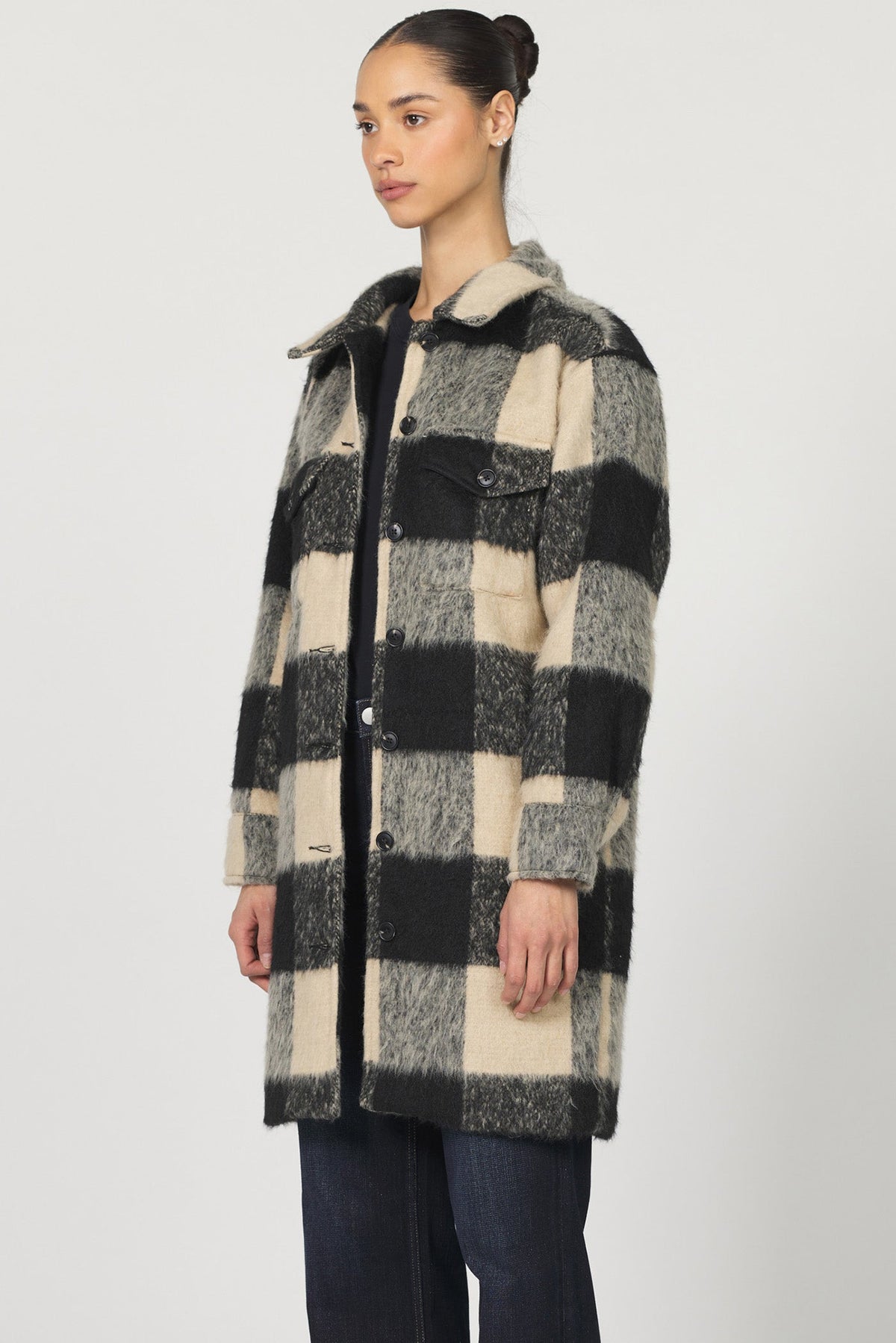 carmine-long-jacket-black-cream-plaid — Dear John Denim