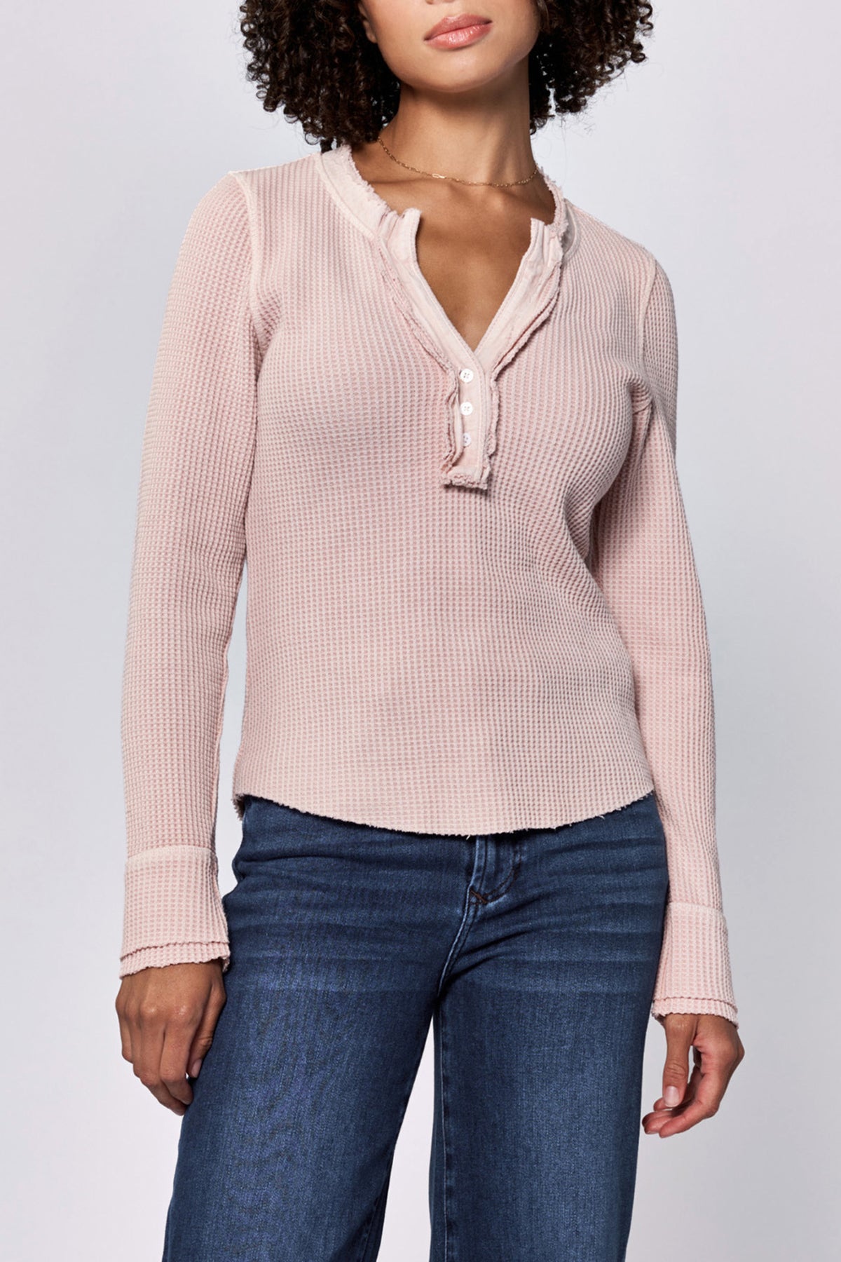 LUNA V NECK LONG SLEEVE TEES SEPIA ROSE FRONT — Dear John Denim