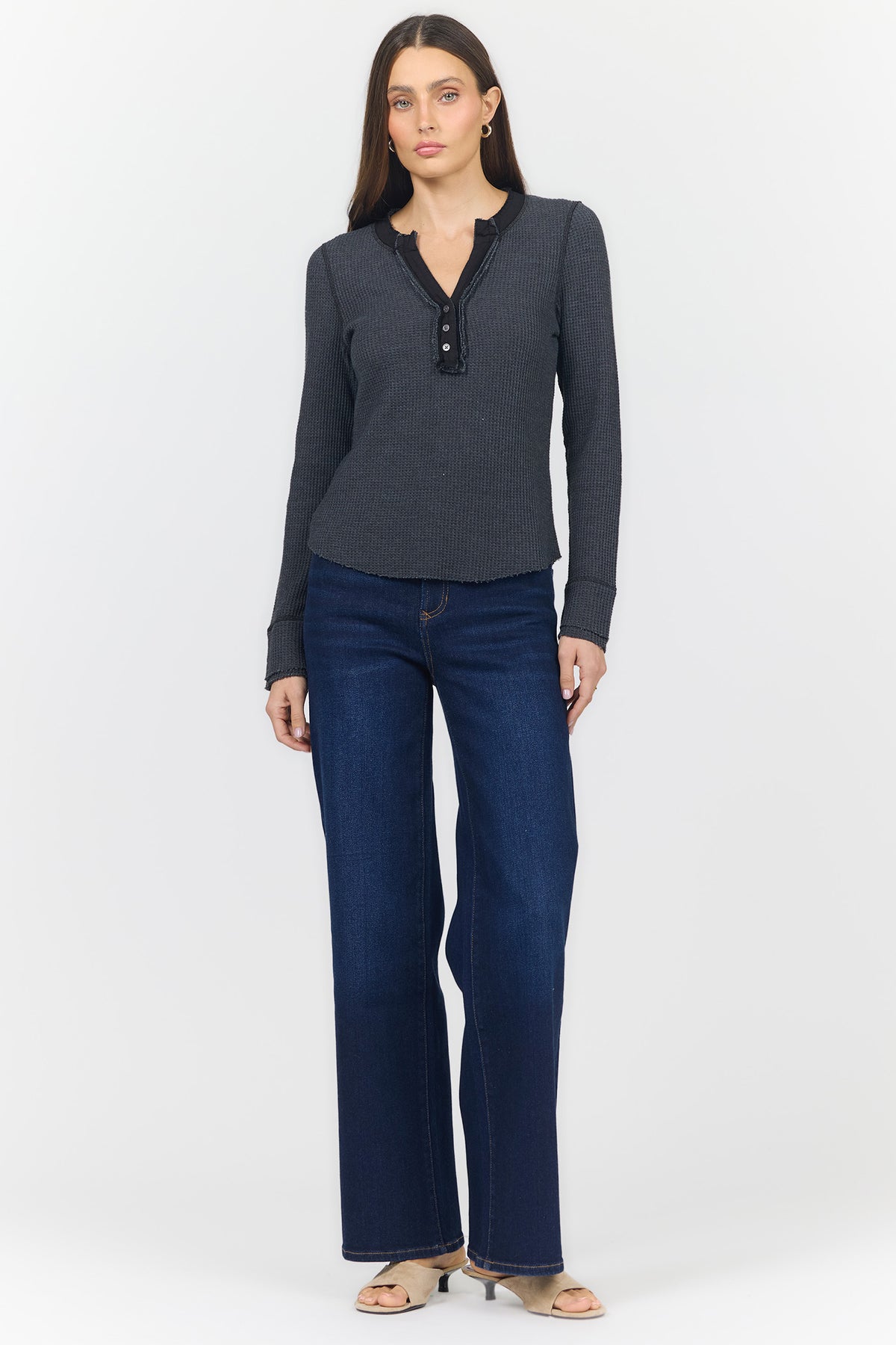 LUNA V NECK LONG SLEEVE TEES WASHED BLACK FULL — Dear John Denim