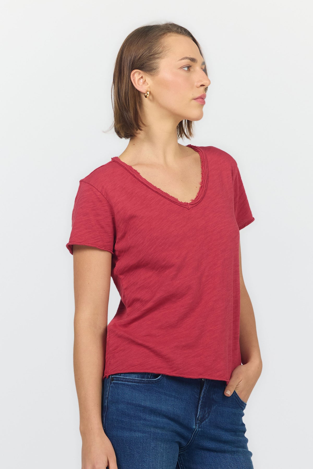 VANYA SHORT SLEEVE TEE GARNET SIDE — Dear John Denim