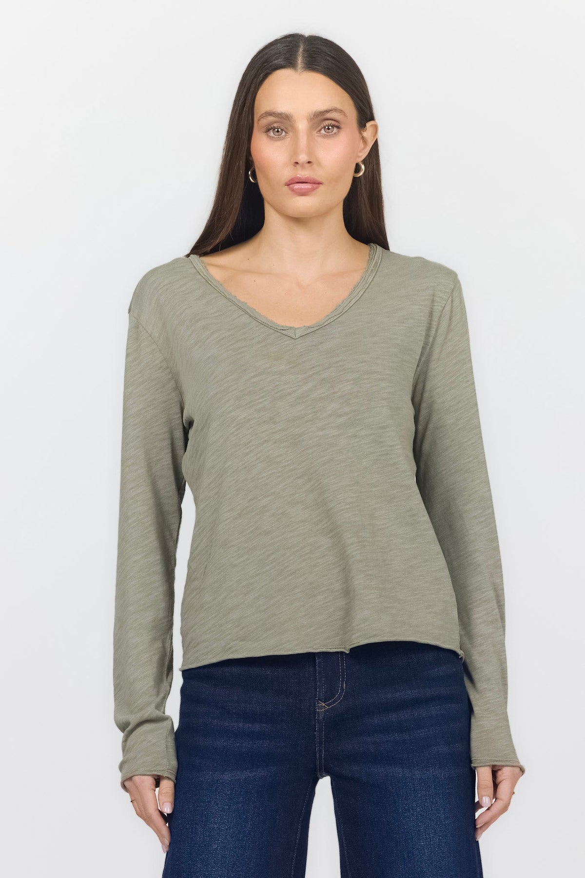 VANYA LONG SLEEVE TEE VETIVER FRONT — Dear John Denim