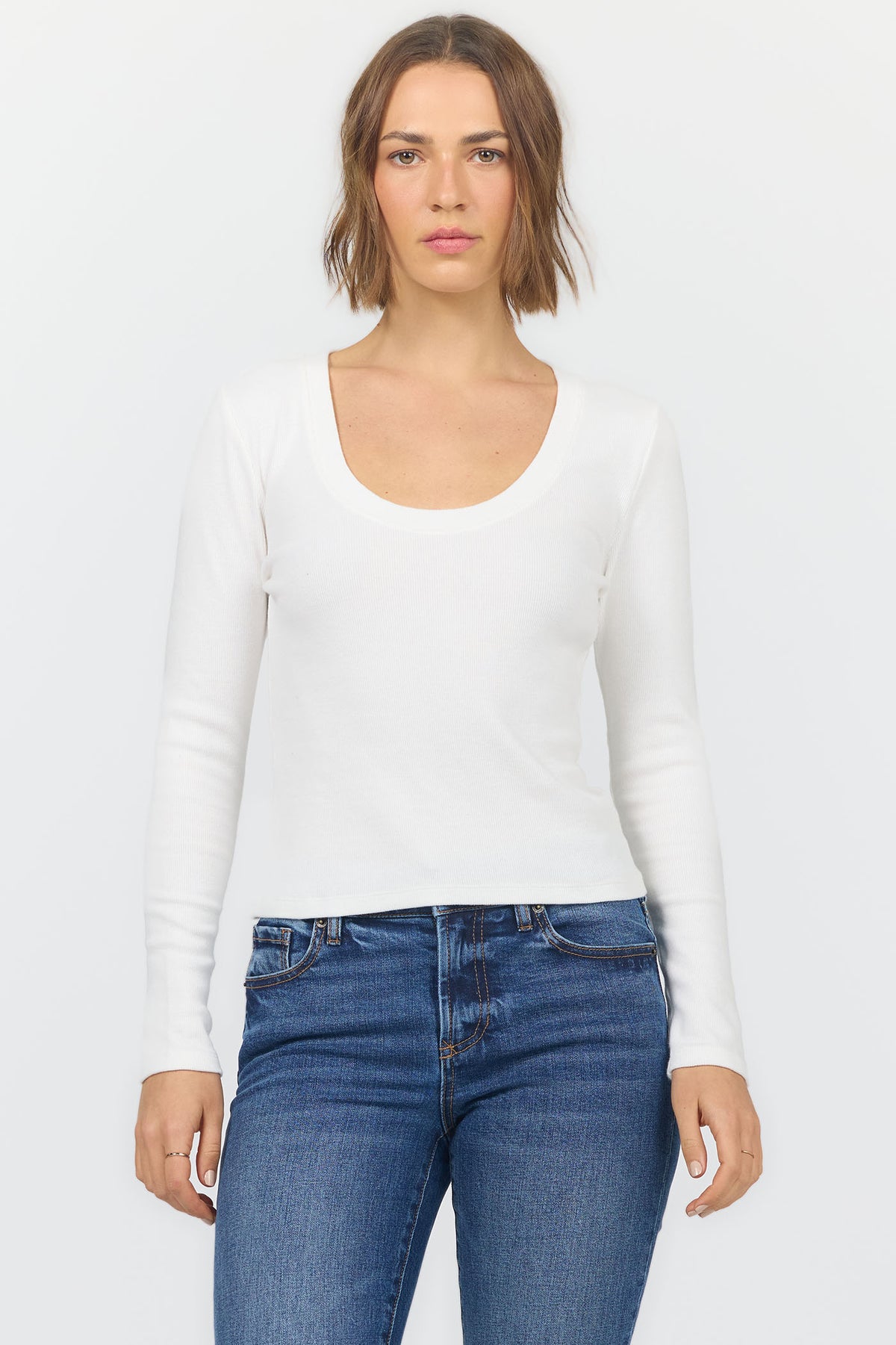 SELENE SCOOP NECK LONG SLEEVE TEES WHITE FRONT — Dear John Denim