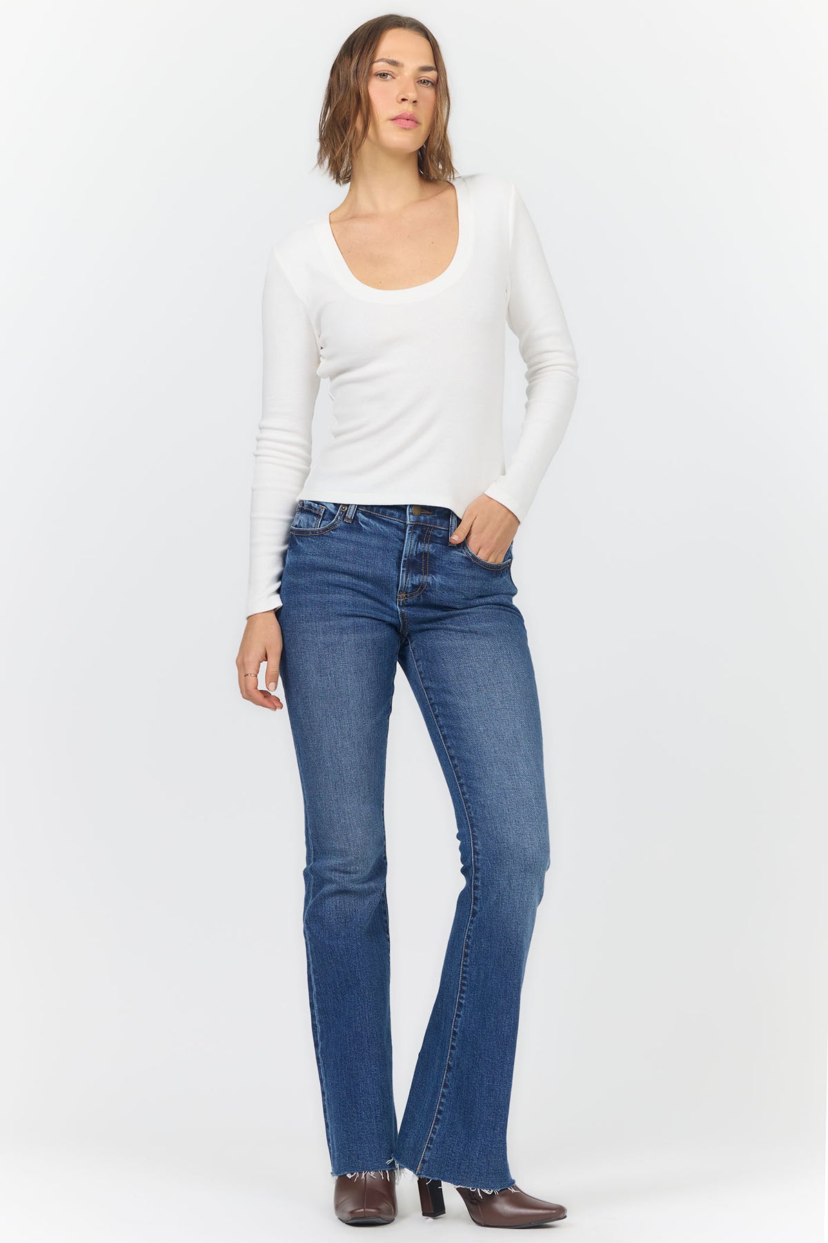SELENE SCOOP NECK LONG SLEEVE TEES WHITE FULL — Dear John Denim