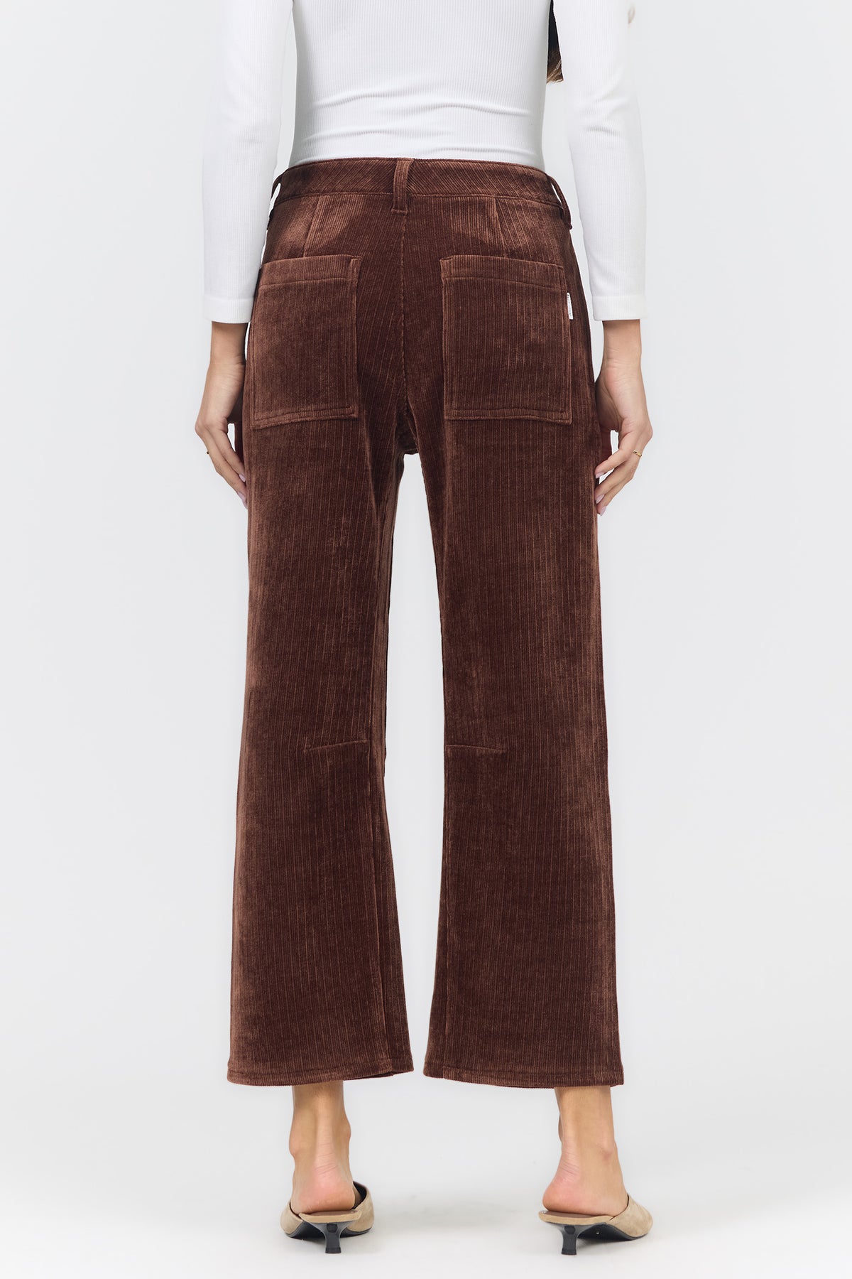 LASSO MID RISE BARREL LEG PANTS SHAVED CHOCOLATE BACK — Dear John Denim