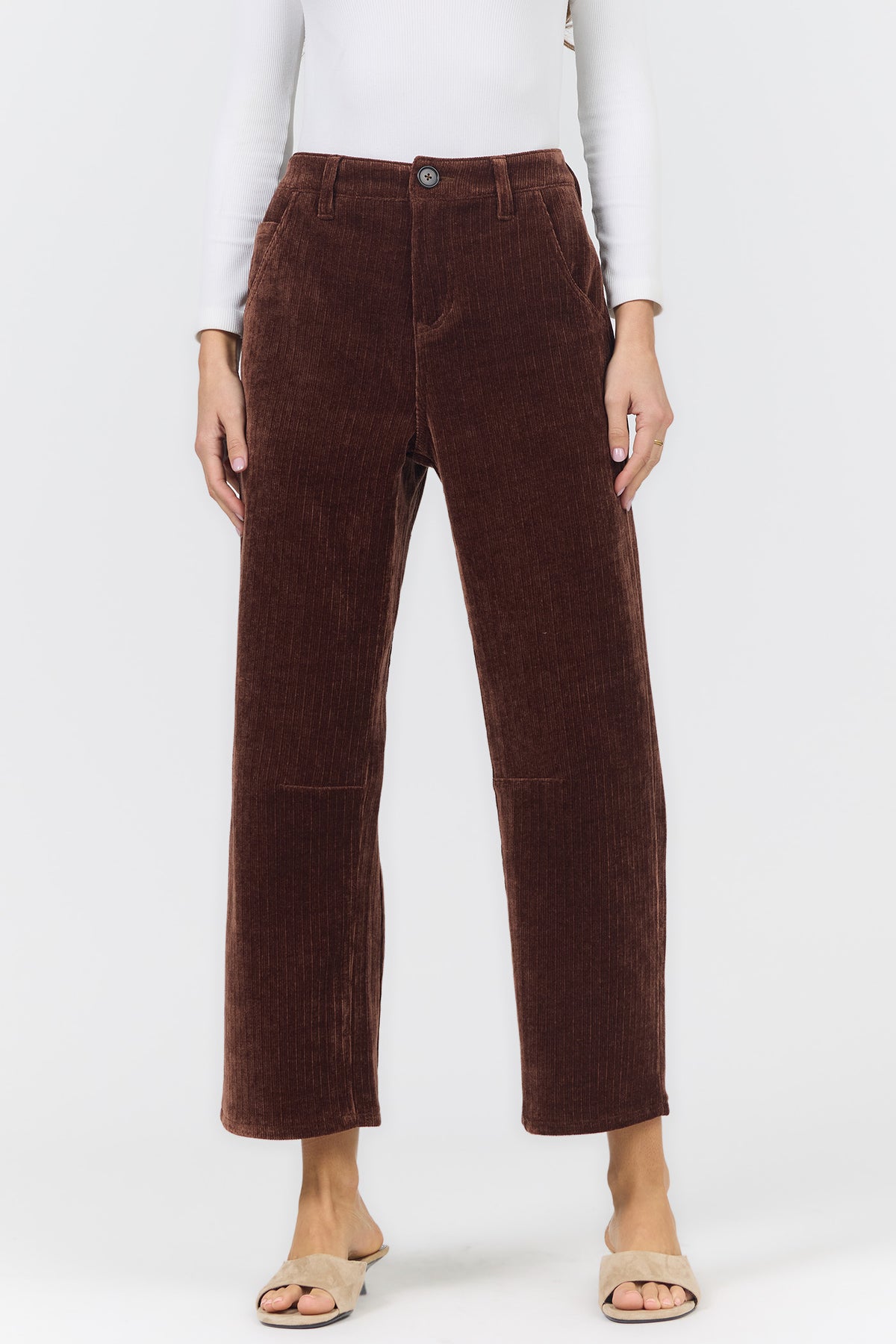 LASSO MID RISE BARREL LEG PANTS SHAVED CHOCOLATE FRONT — Dear John Denim