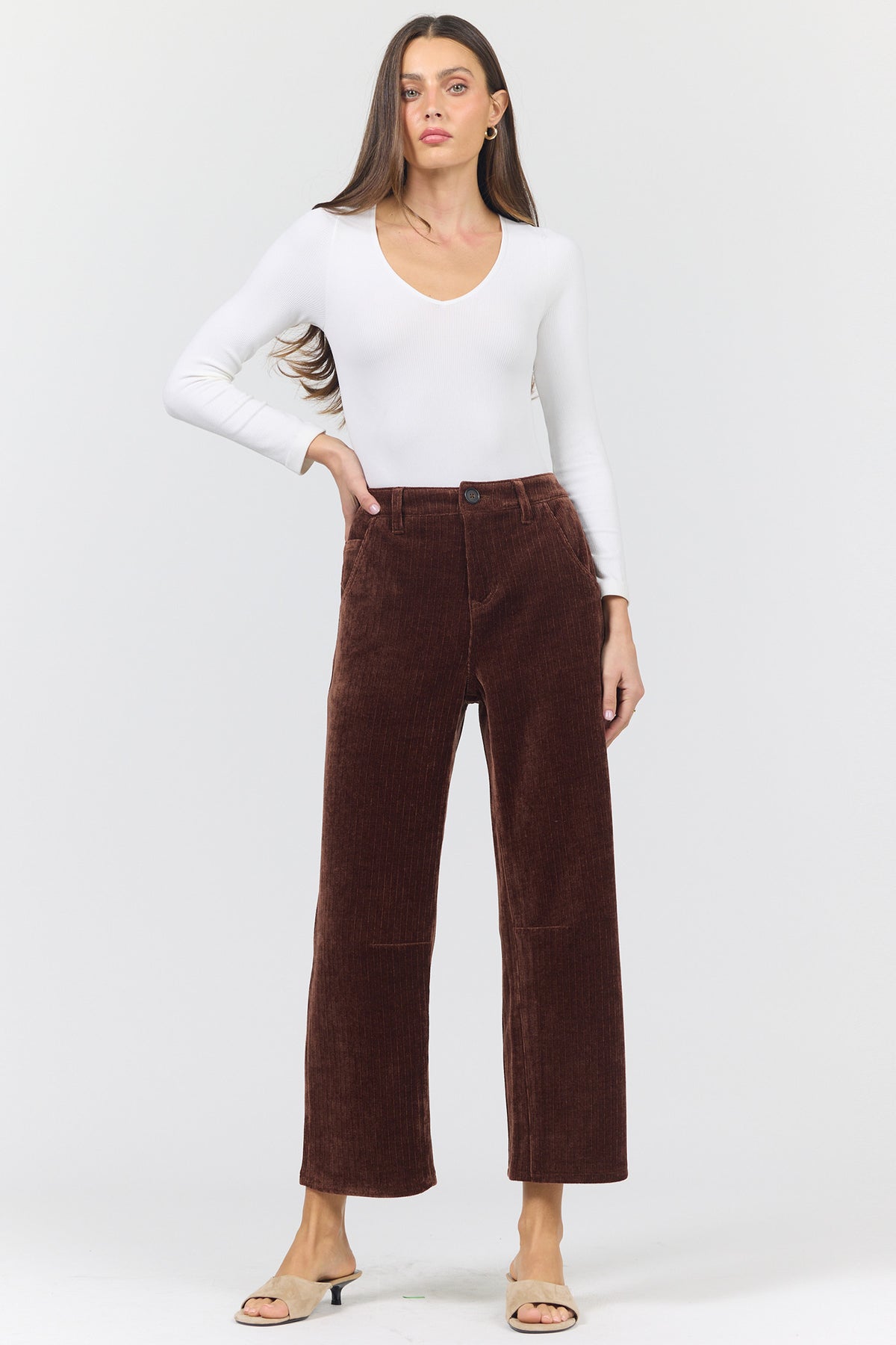 LASSO MID RISE BARREL LEG PANTS SHAVED CHOCOLATE FULL — Dear John Denim