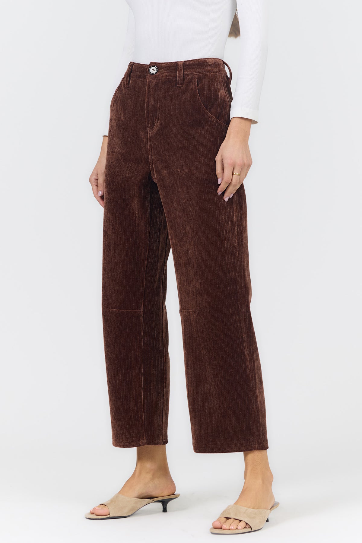 LASSO MID RISE BARREL LEG PANTS SHAVED CHOCOLATE SIDE — Dear John Denim