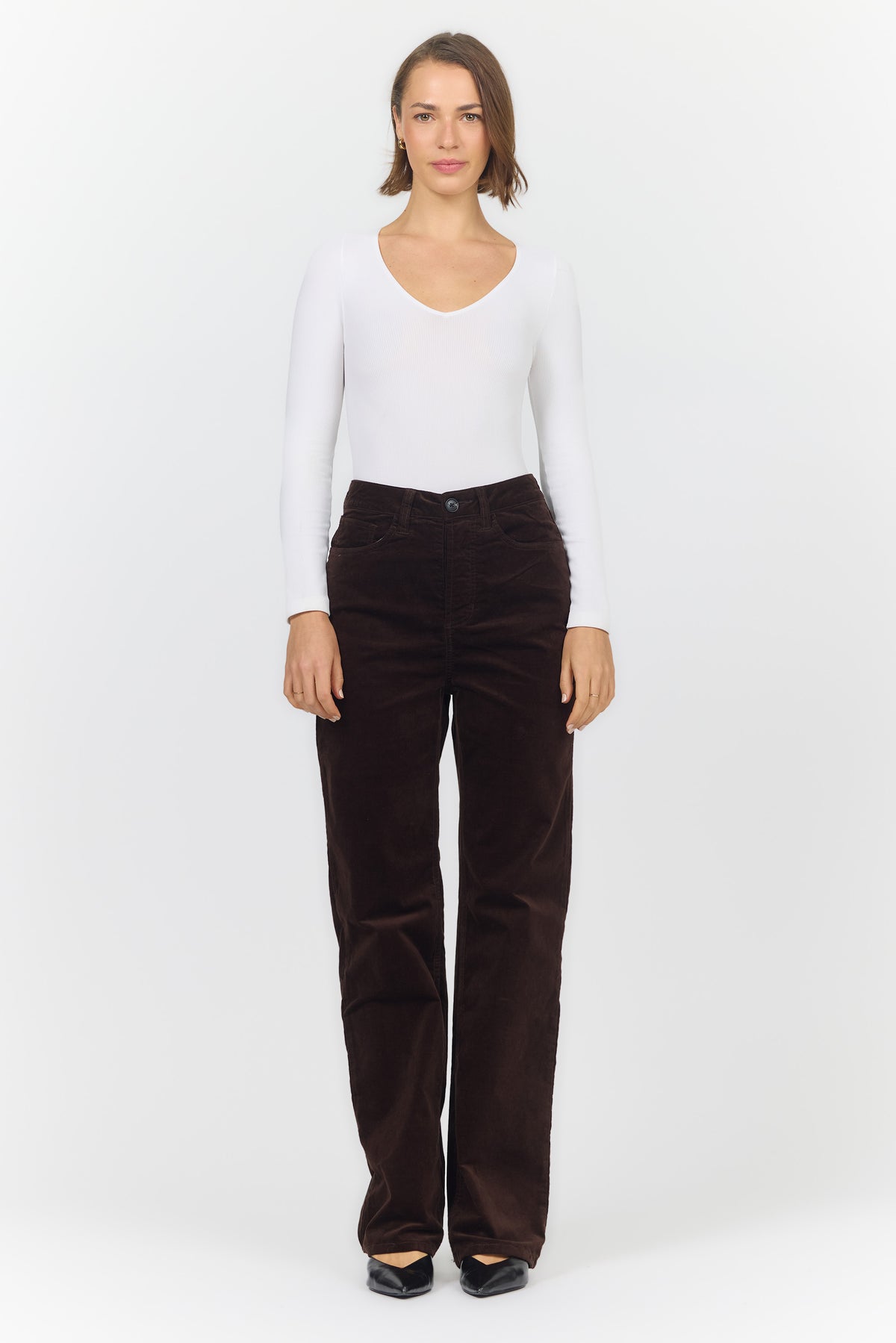 HOLLY HIGH RISE STRAIGHT LEG PANTS SHAVED CHOCOLATE FULL — Dear John Denim