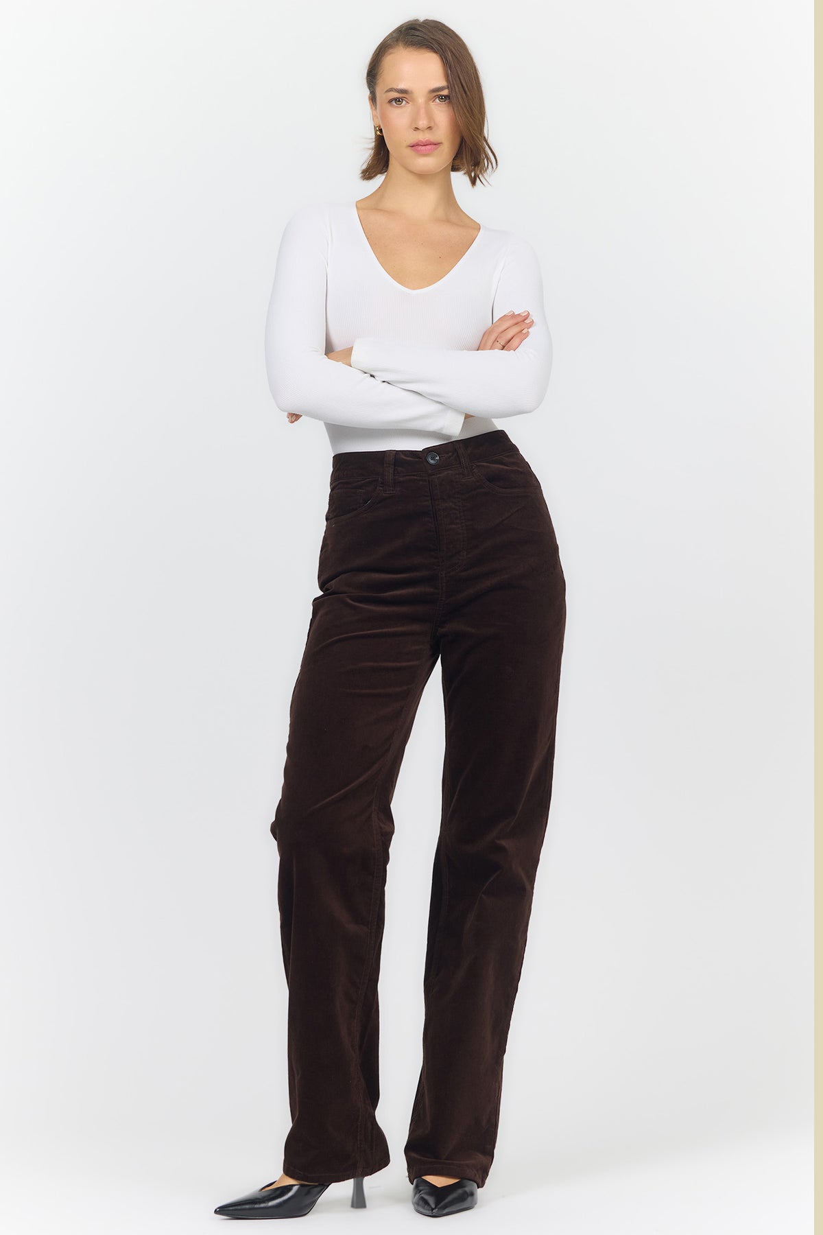 HOLLY HIGH RISE STRAIGHT LEG PANTS SHAVED CHOCOLATE SIDE — Dear John Denim