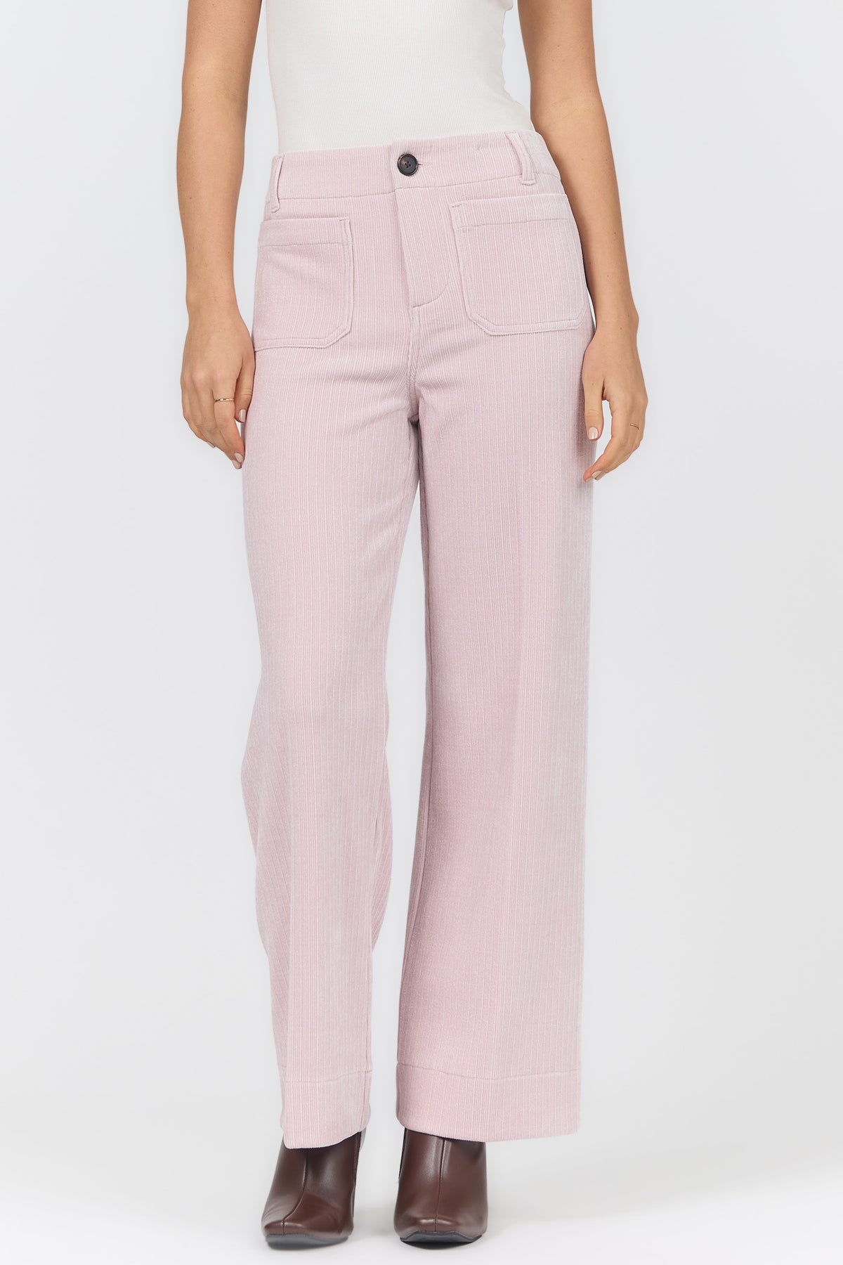 AUDREY HIGH RISE WIDE LEG PANTS PALE LILAC FRONT — Dear John Denim