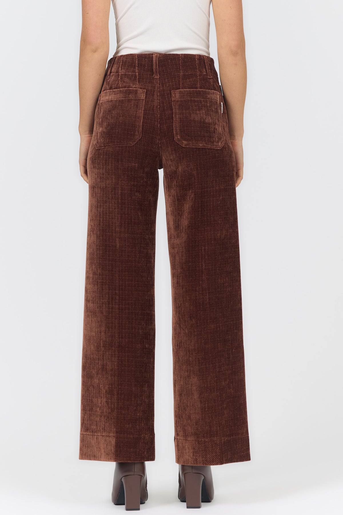 AUDREY HIGH RISE WIDE LEG PANTS SHAVED CHOCOLATE BACK — Dear John Denim