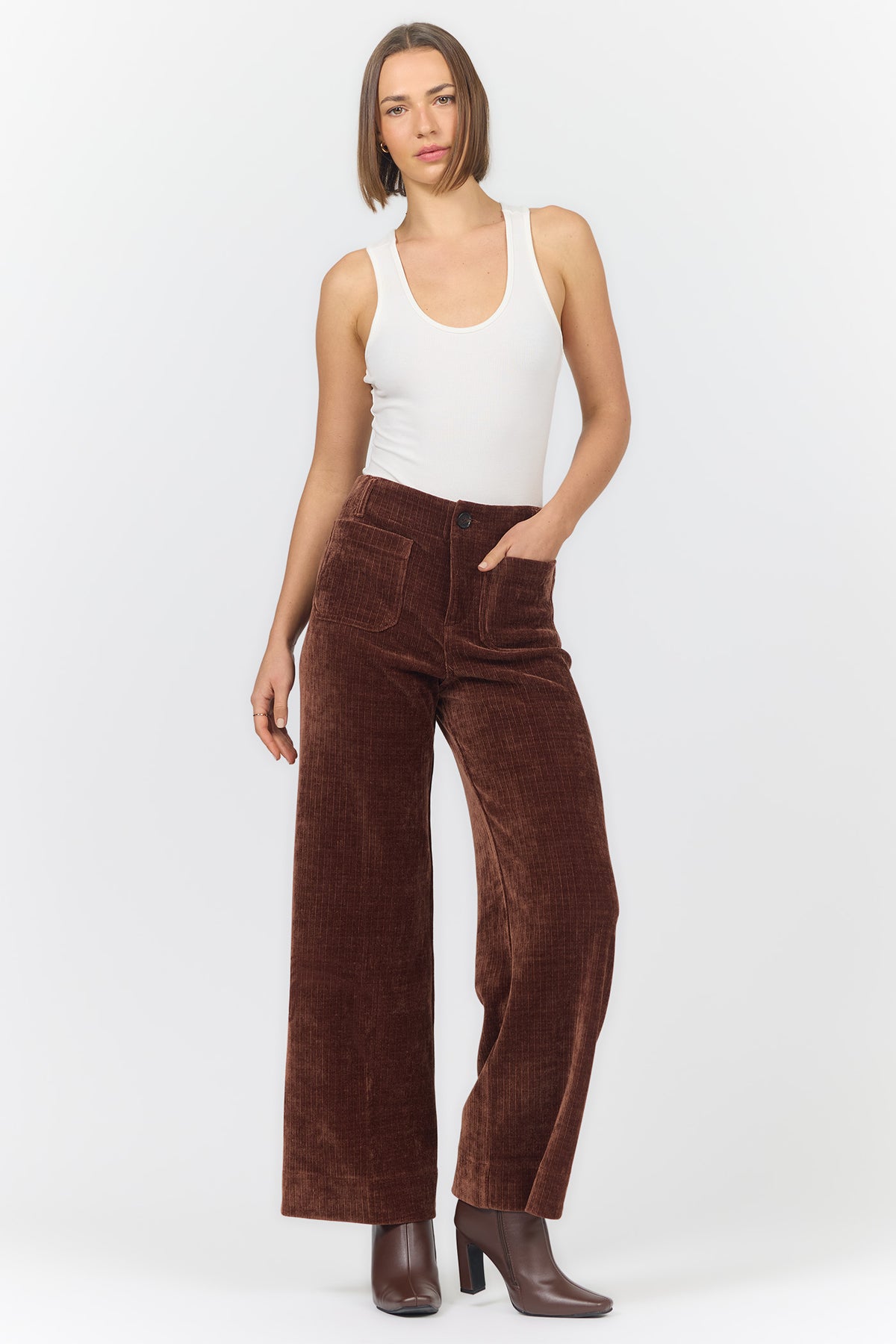 AUDREY HIGH RISE WIDE LEG PANTS SHAVED CHOCOLATE FULL — Dear John Denim