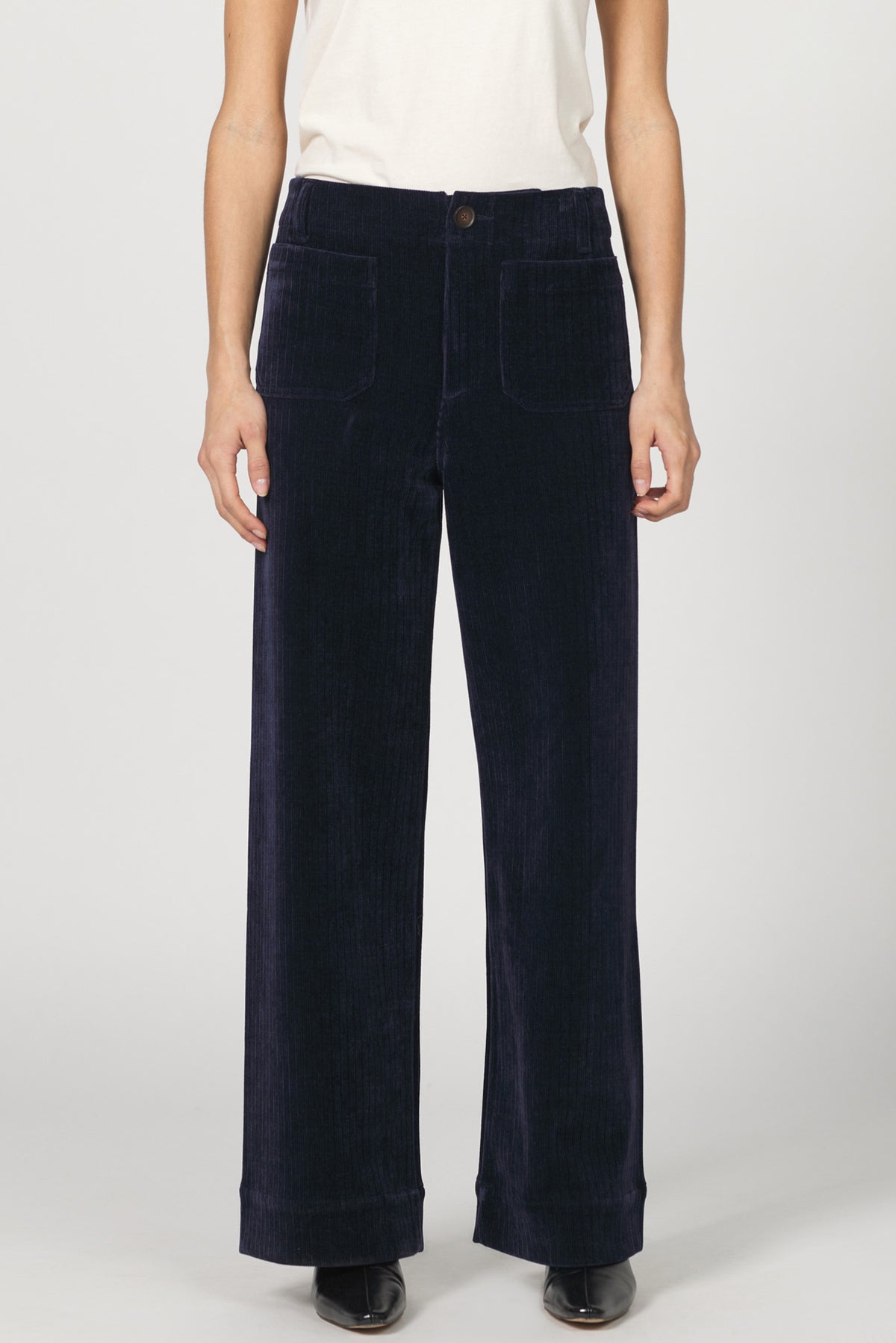 AUDREY HIGH RISE WIDE LEG PANTS BLACK IRIS FRONT — Dear John Denim