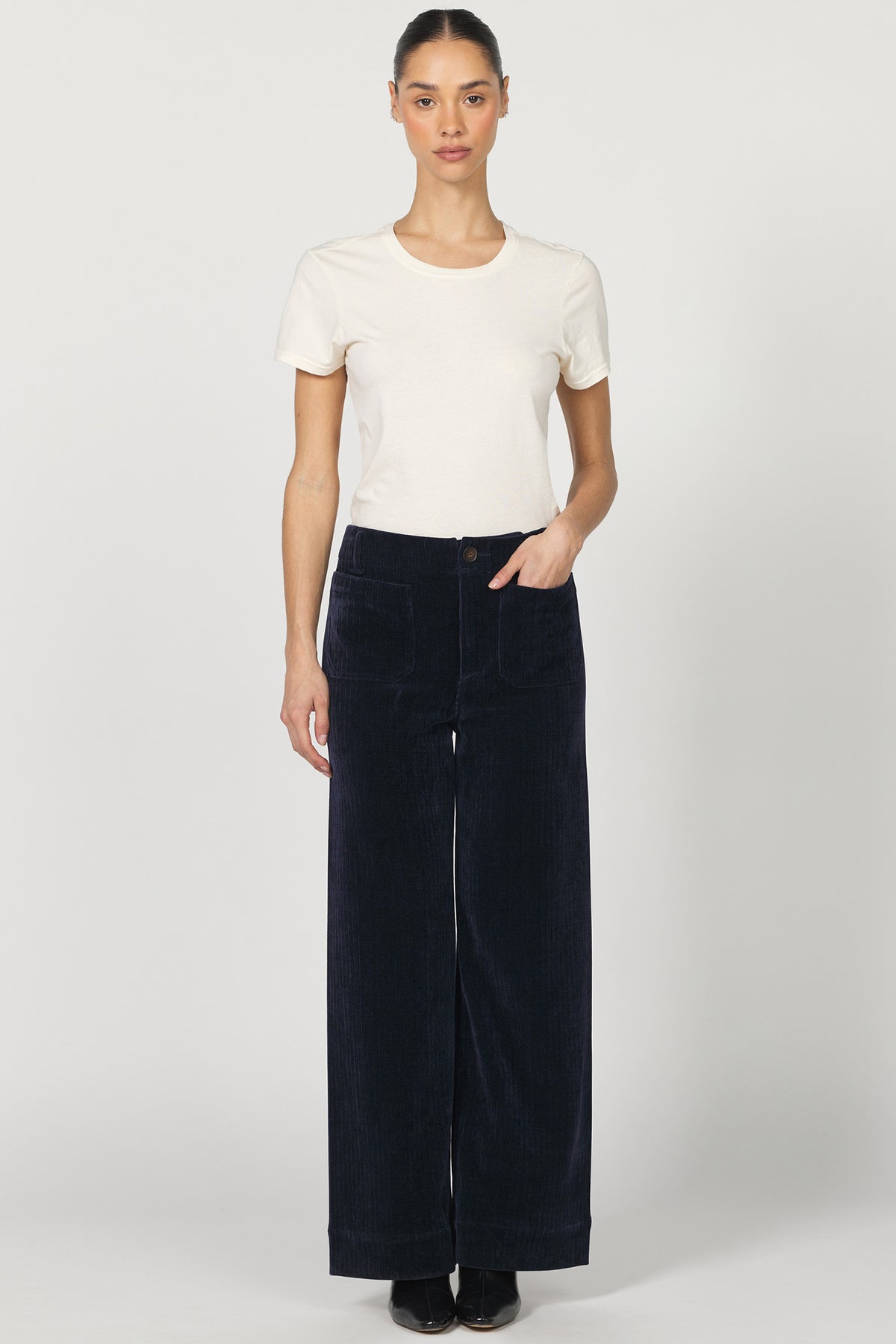 AUDREY HIGH RISE WIDE LEG PANTS BLACK IRIS FULL — Dear John Denim