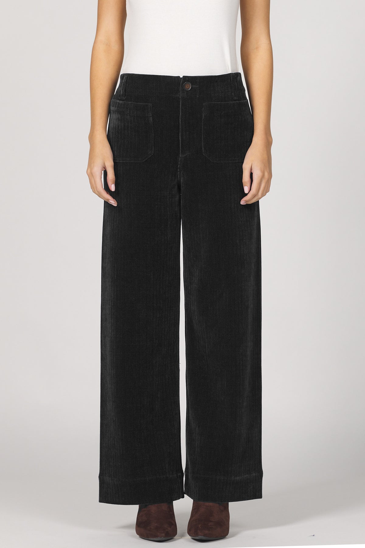 AUDREY HIGH RISE WIDE LEG PANTS BLACK FRONT — Dear John Denim