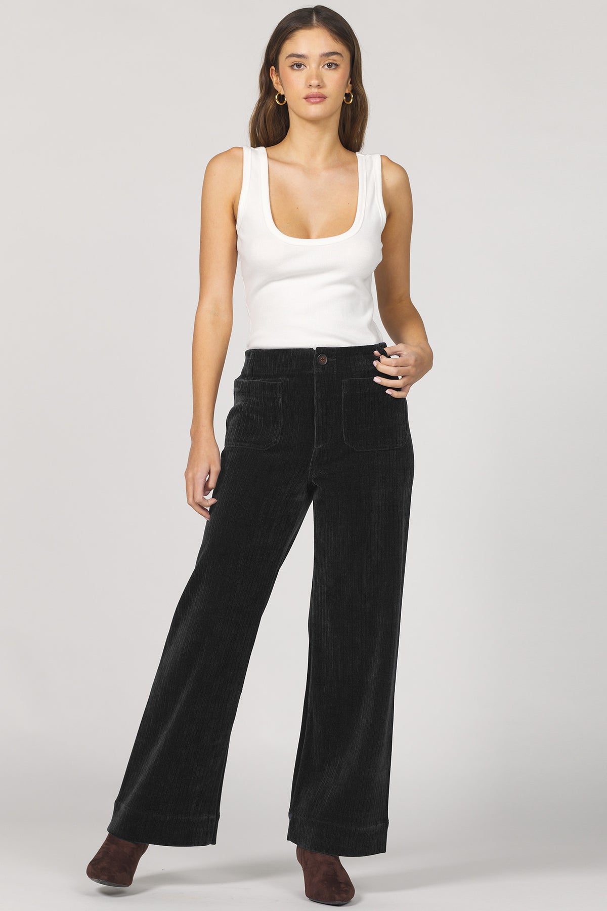 AUDREY HIGH RISE WIDE LEG PANTS BLACK FULL — Dear John Denim