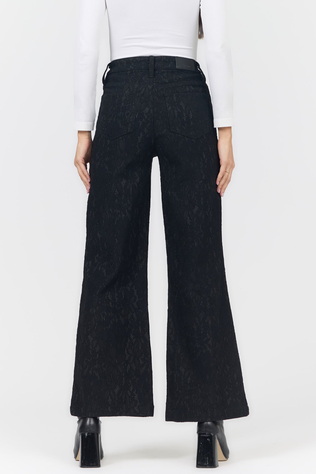 FIONA HIGH RISE WIDE LEG PANTS BLACK LACE BACK — Dear John Denim
