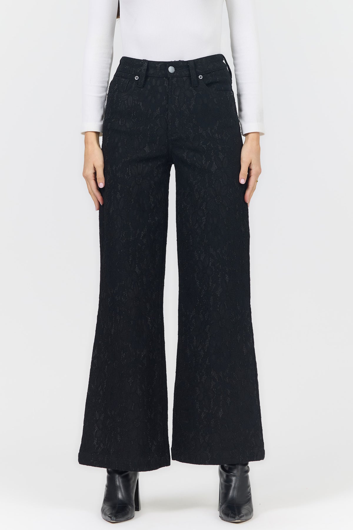FIONA HIGH RISE WIDE LEG PANTS BLACK LACE FRONT — Dear John Denim