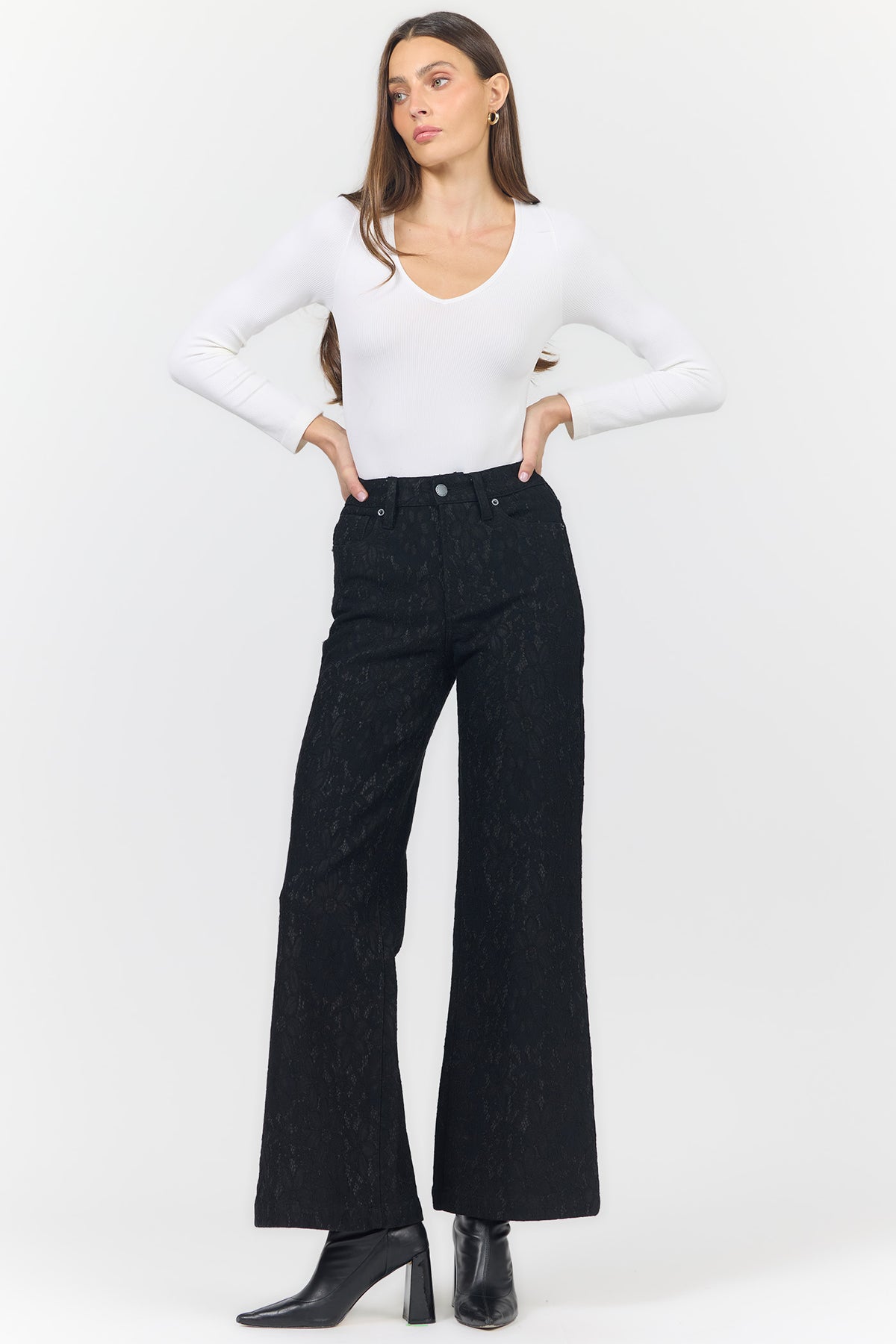 FIONA HIGH RISE WIDE LEG PANTS BLACK LACE FULL — Dear John Denim