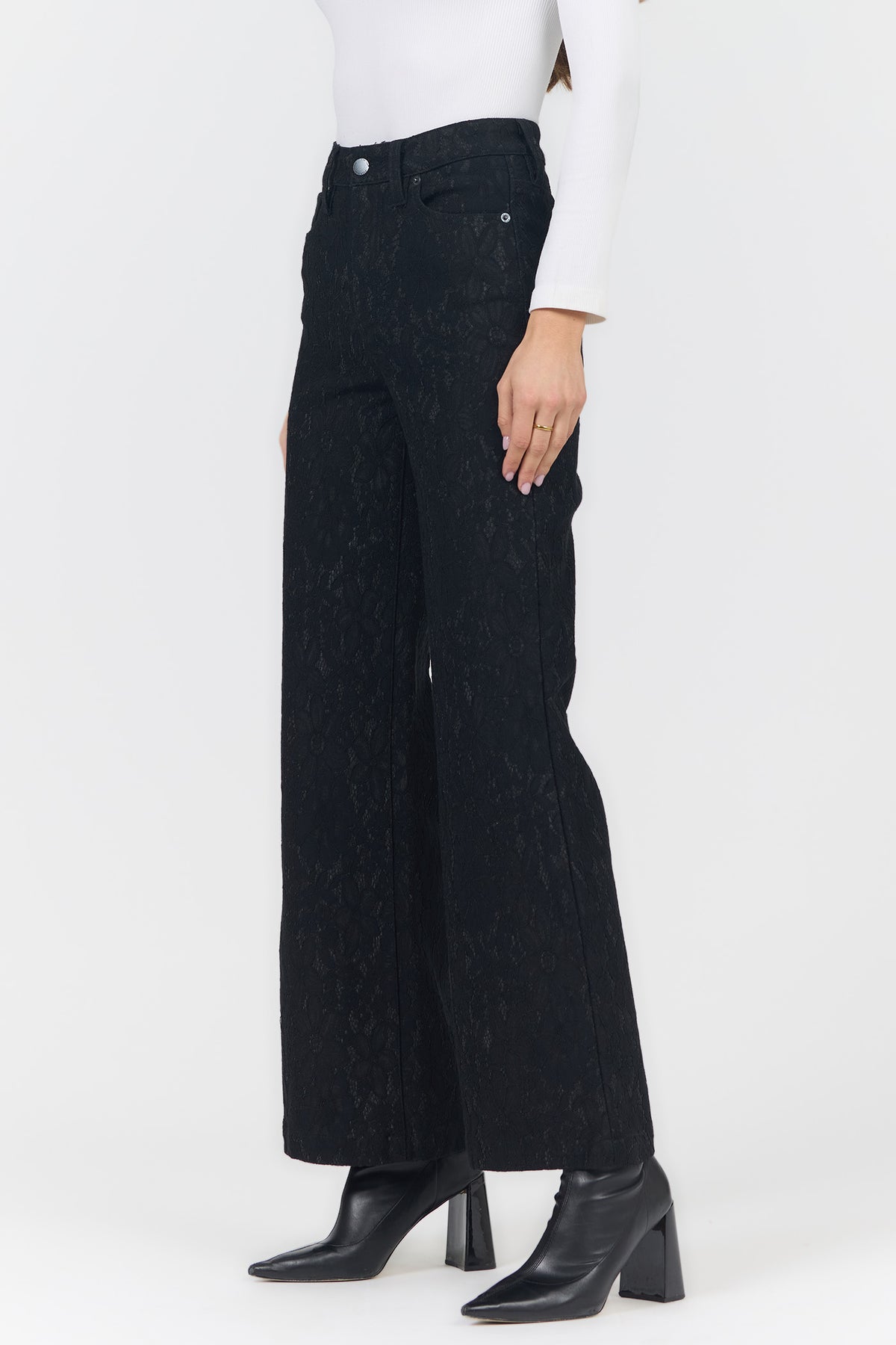 FIONA HIGH RISE WIDE LEG PANTS BLACK LACE SIDE — Dear John Denim