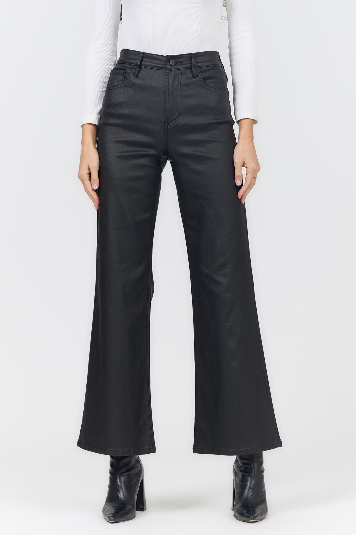 FIONA HIGH RISE WIDE LEG PANTS BLACK FRONT — Dear John Denim