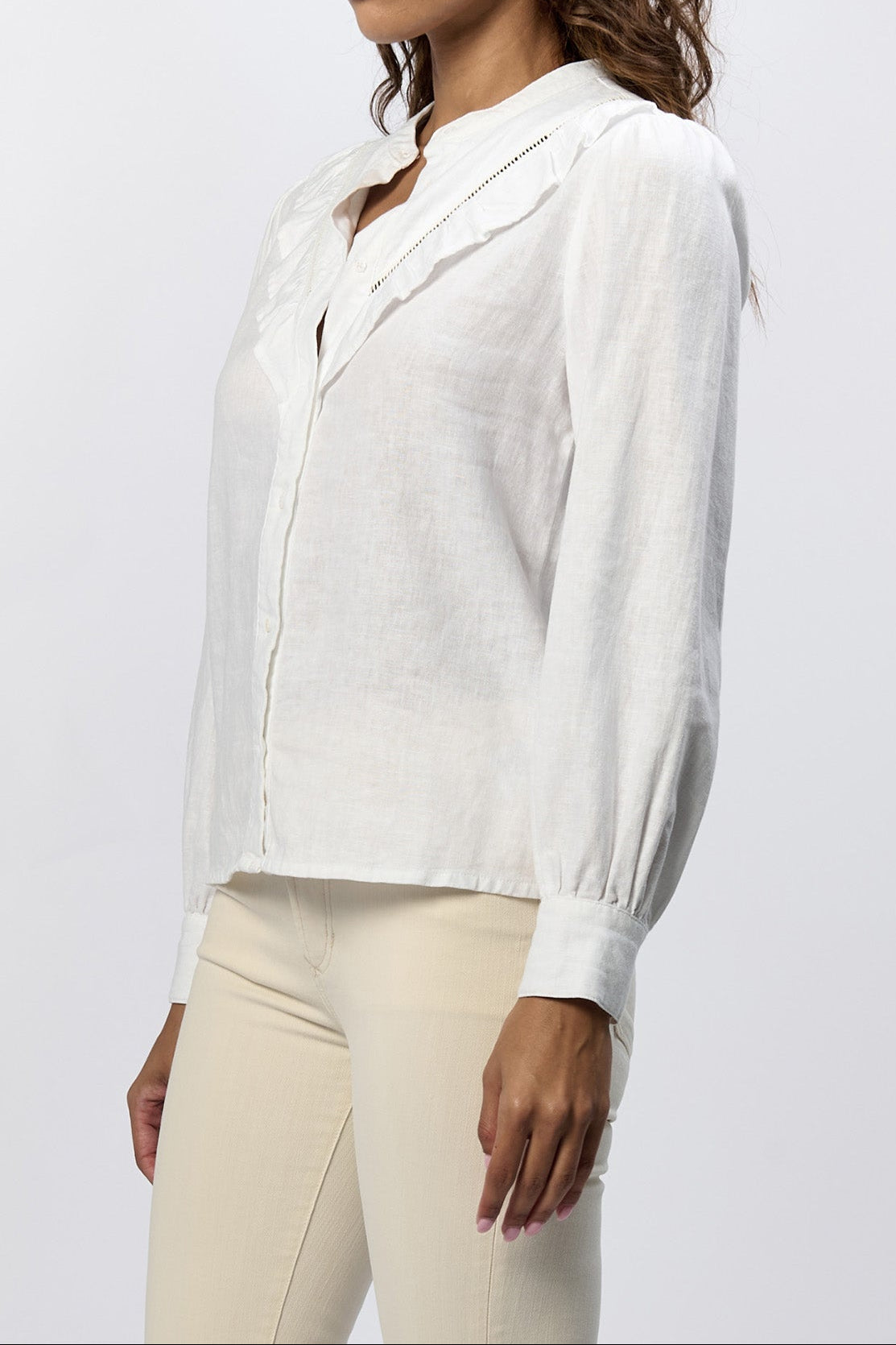 lonestar-button-up-long-sleeve-ruffle-detail-top-white — Dear John Denim