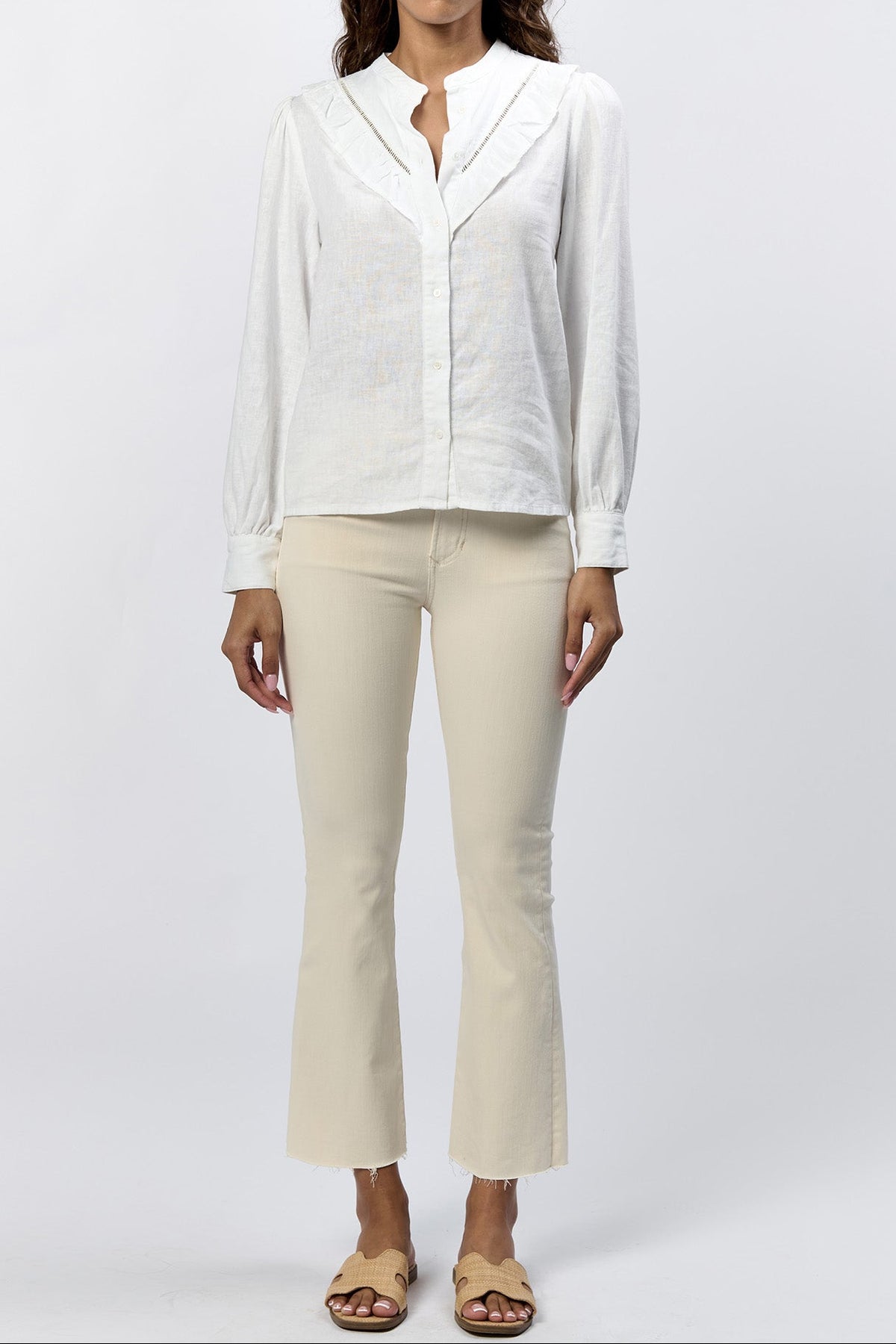 lonestar-button-up-long-sleeve-ruffle-detail-top-white — Dear John Denim