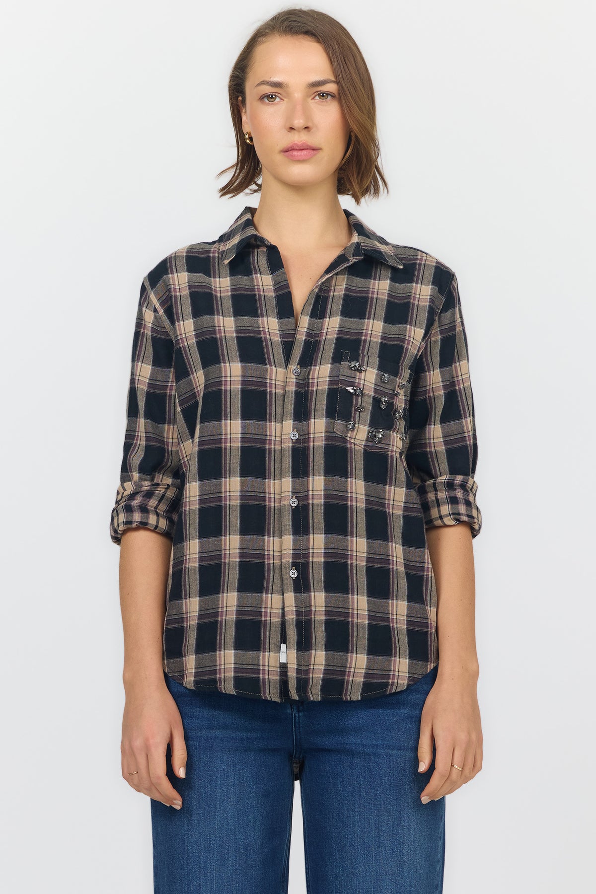 GALINA LONG SLEEVE SHIRTS MIDNIGHT ECLIPSE PLAID FRONT — Dear John Denim