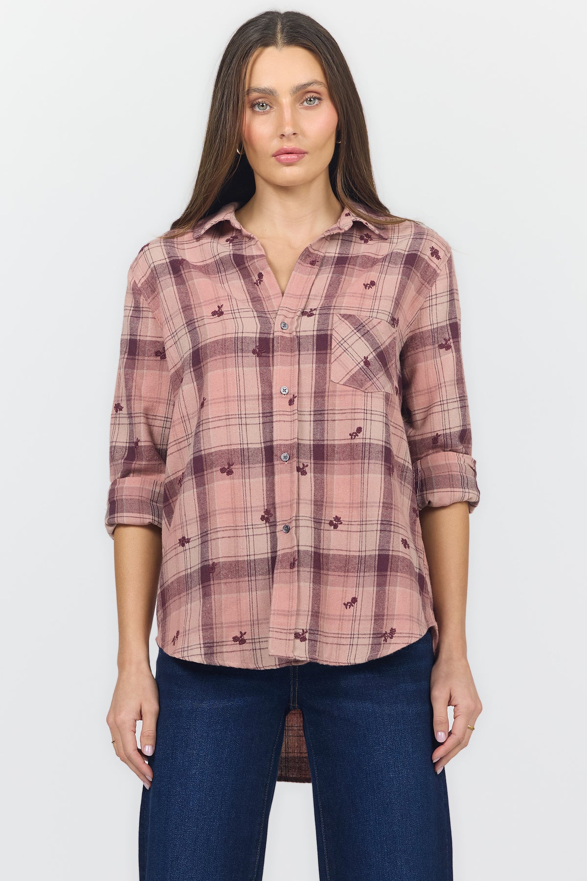 GALINA V NECK LONG SLEEVE SHIRTS ROSEBURY PLAID FRONT — Dear John Denim