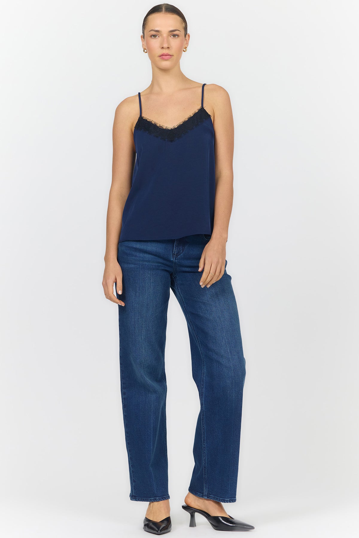 ALEXANDRIA V NECK SLEEVELESS TANK BLACK IRIS FULL — Dear John Denim