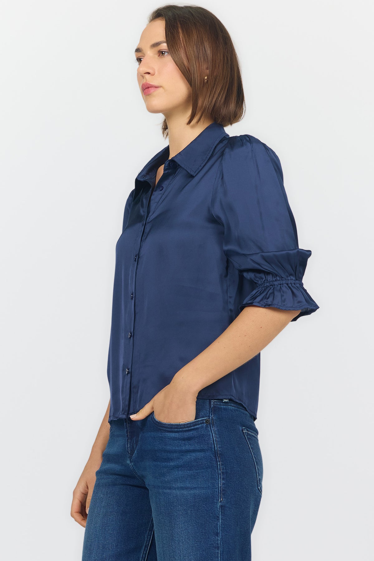 AMALI ELBOW SLEEVE BLOUSES BLACK IRIS SIDE — Dear John Denim