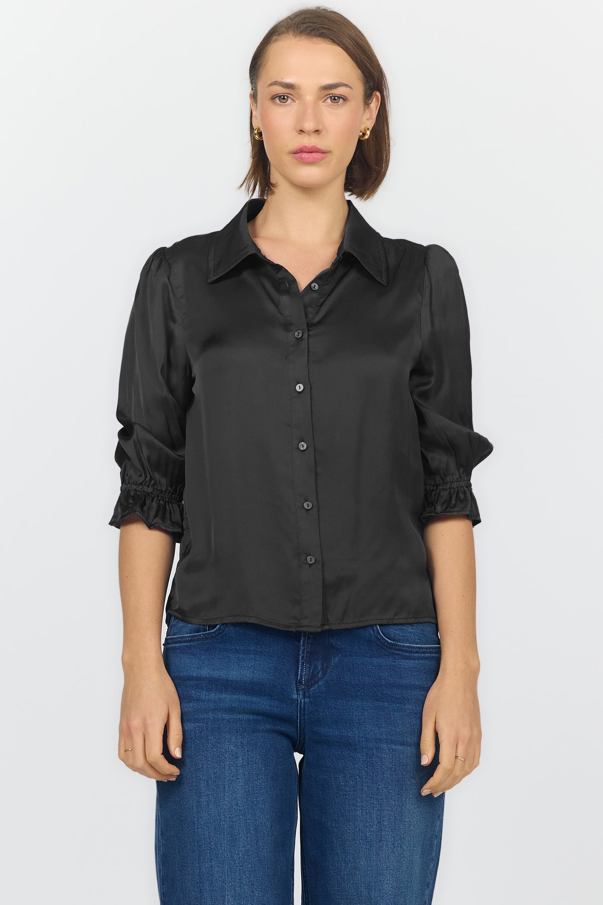 AMALI ELBOW SLEEVE BLOUSES BLACK FRONT — Dear John Denim
