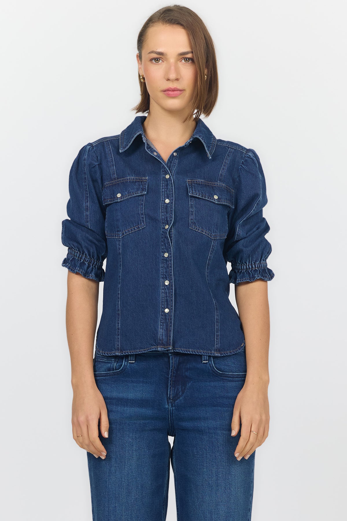 ANTONIA ELBOW SLEEVE BLOUSES DARK COBALT FRONT — Dear John Denim