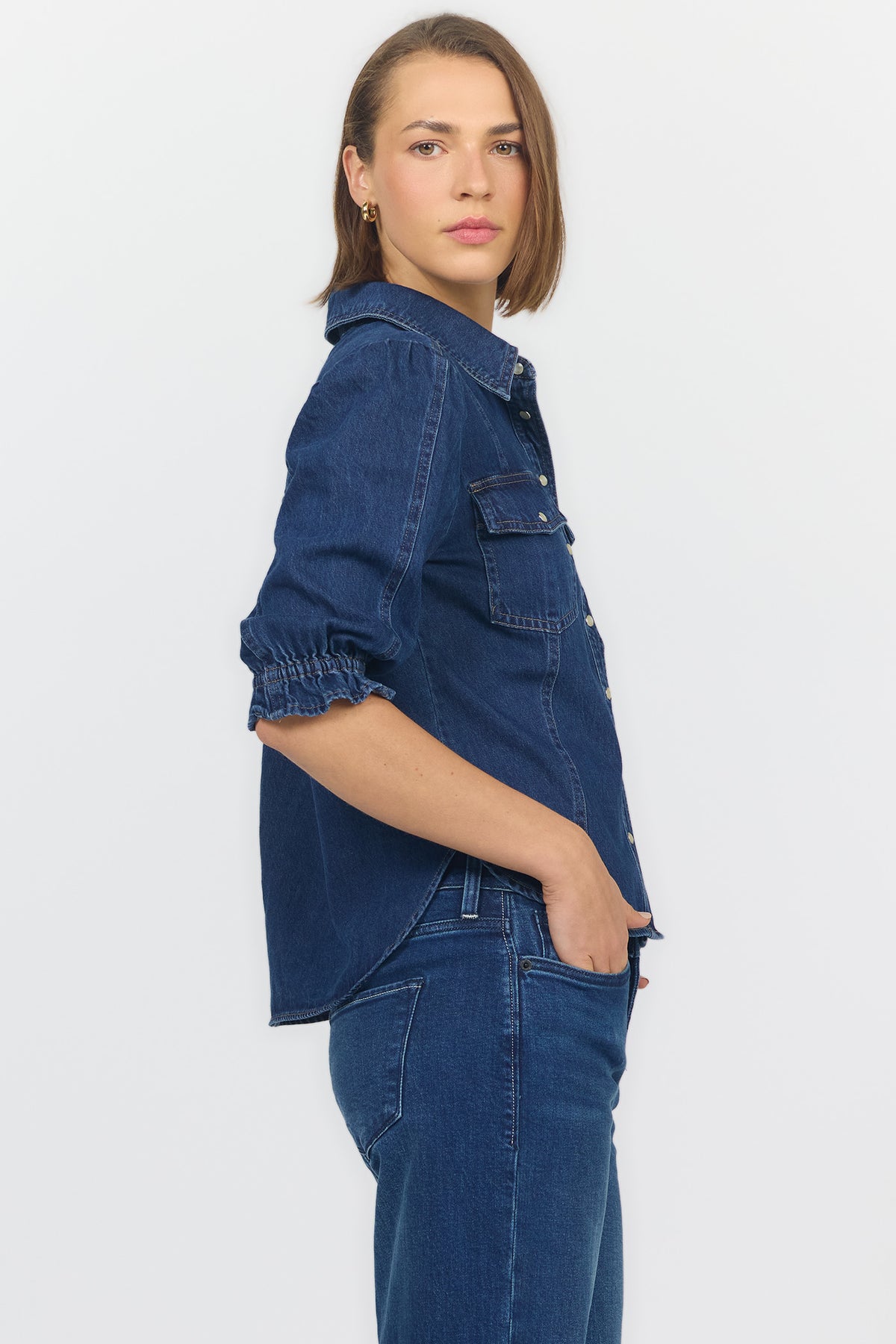 ANTONIA ELBOW SLEEVE BLOUSES DARK COBALT SIDE — Dear John Denim
