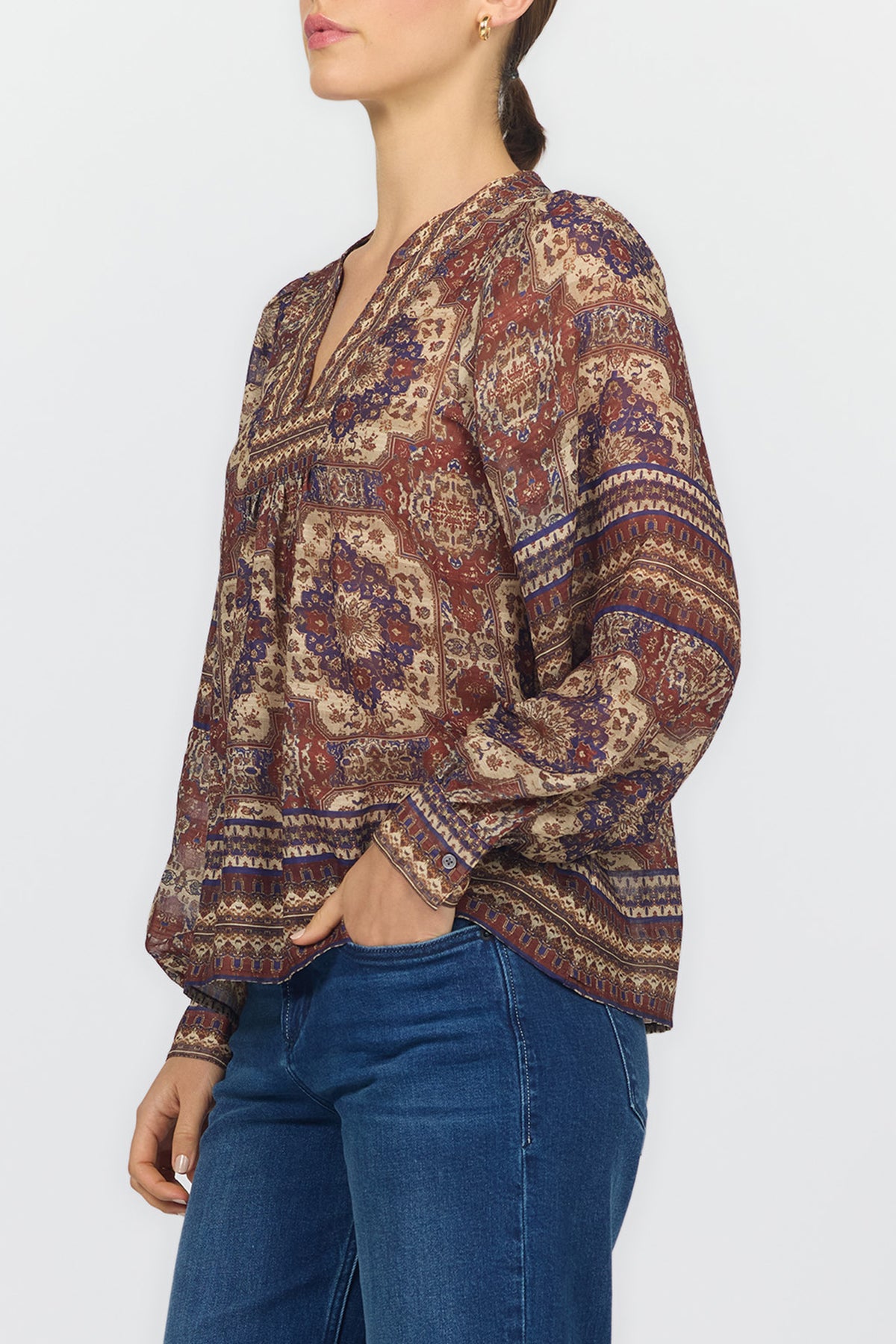 MAISY V NECK LONG SLEEVE BLOUSES PERSIAN TAPESTRY SIDE — Dear John Denim