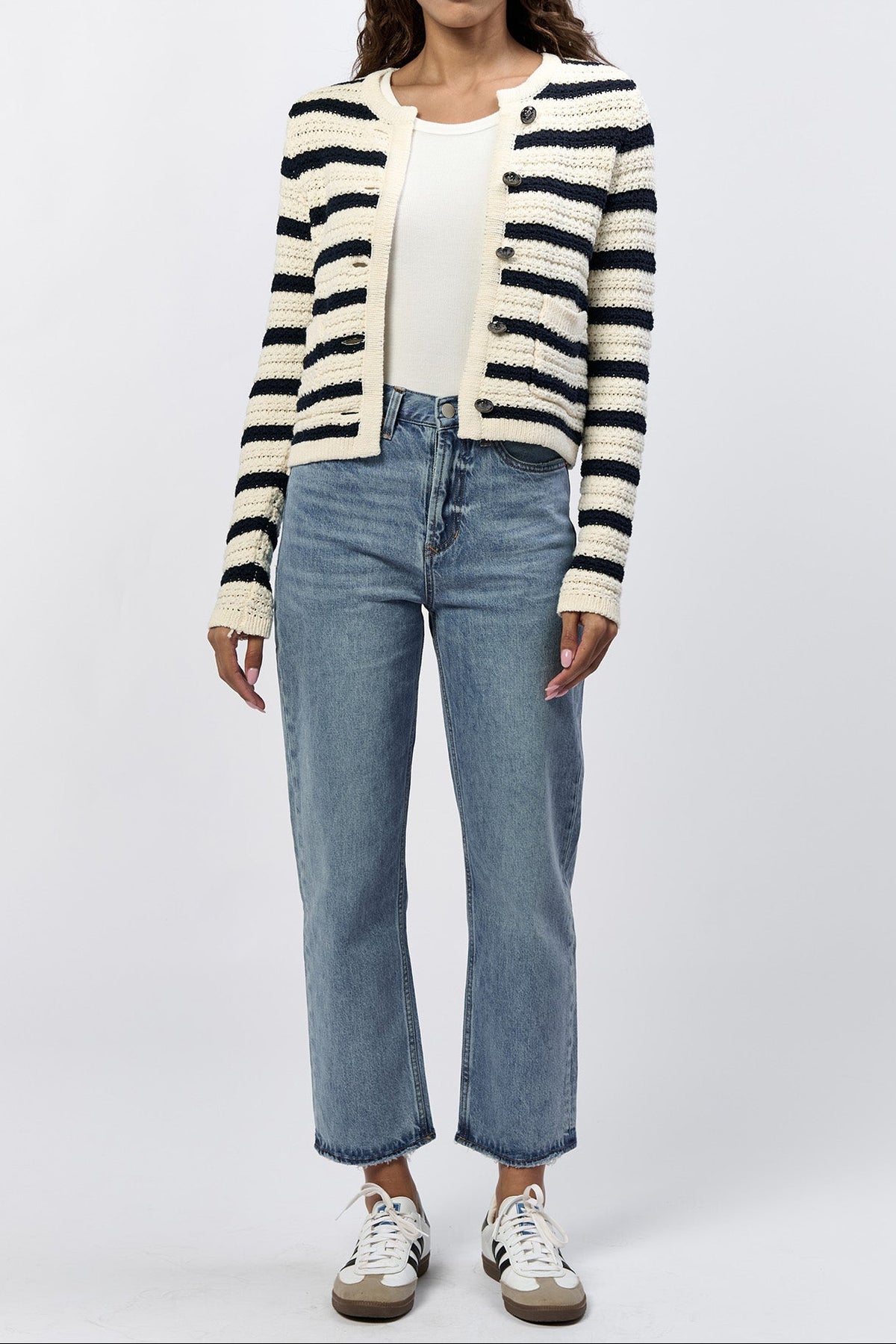 cambria-button-up-long-sleeve-cardigan-black-iris-stripe — Dear John Denim