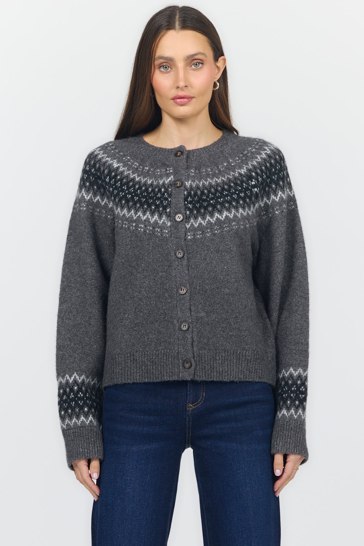 AMINA CREW NECK LONG SLEEVE SWEATERS CHARCOAL GREY FRONT — Dear John Denim