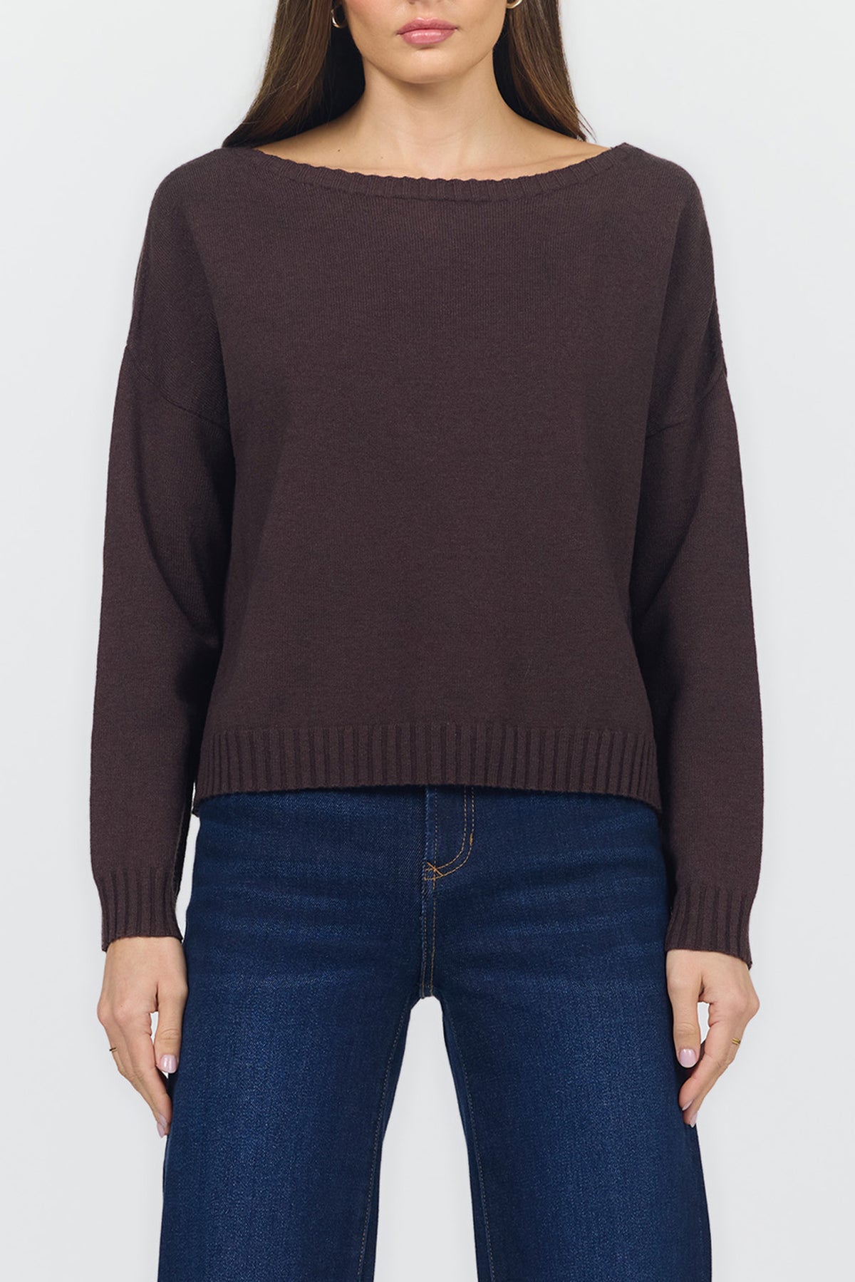 LILIANA BOAT NECK LONG SLEEVE SWEATERS SHAVED CHOCOLATE FRONT — Dear John Denim
