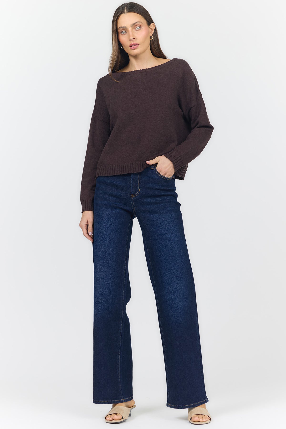 LILIANA BOAT NECK LONG SLEEVE SWEATERS SHAVED CHOCOLATE FULL — Dear John Denim