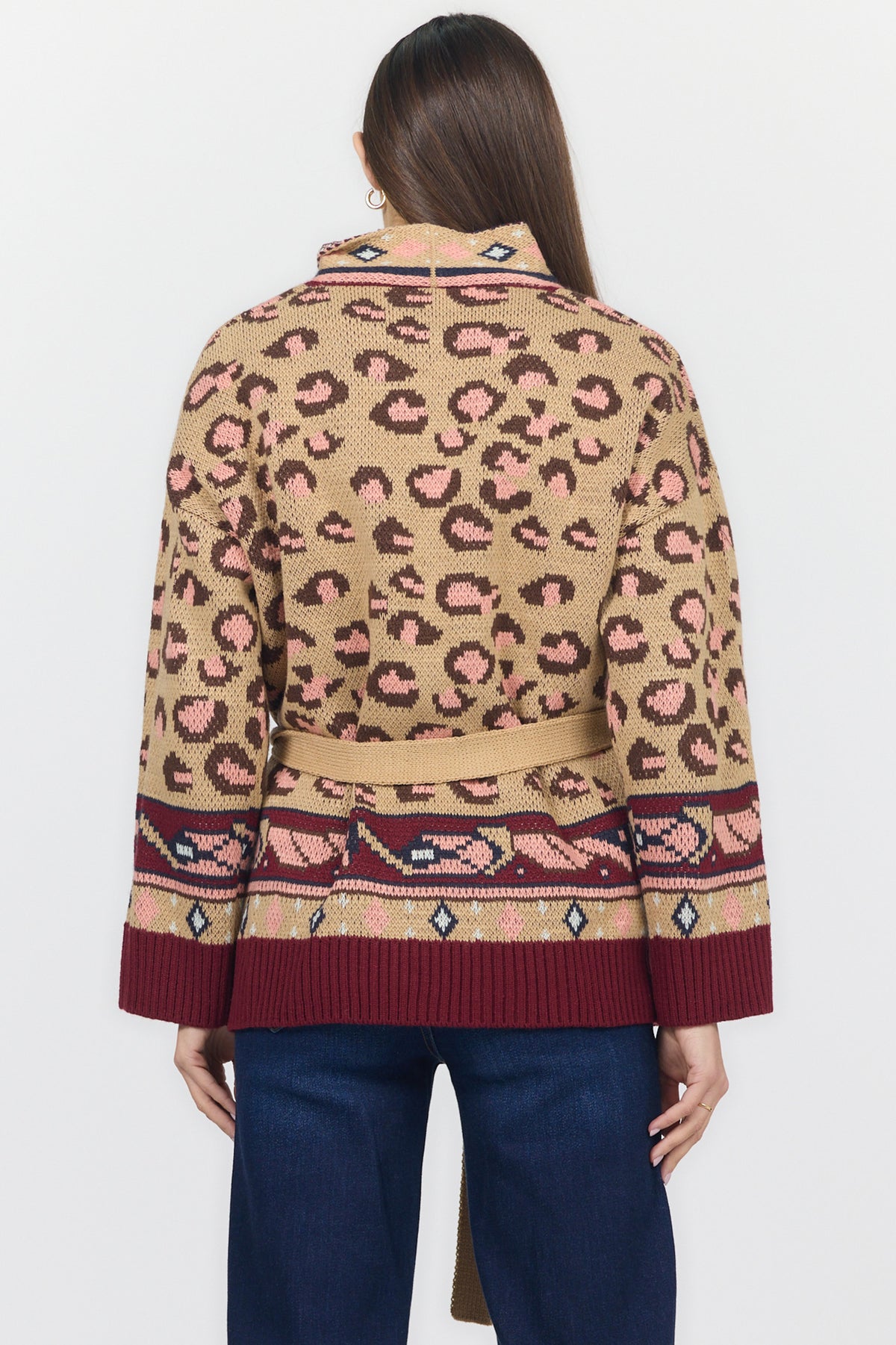 INES LONG SLEEVE SWEATERS LEOPARD INTARSIA BURGUNDY BACK — Dear John Denim