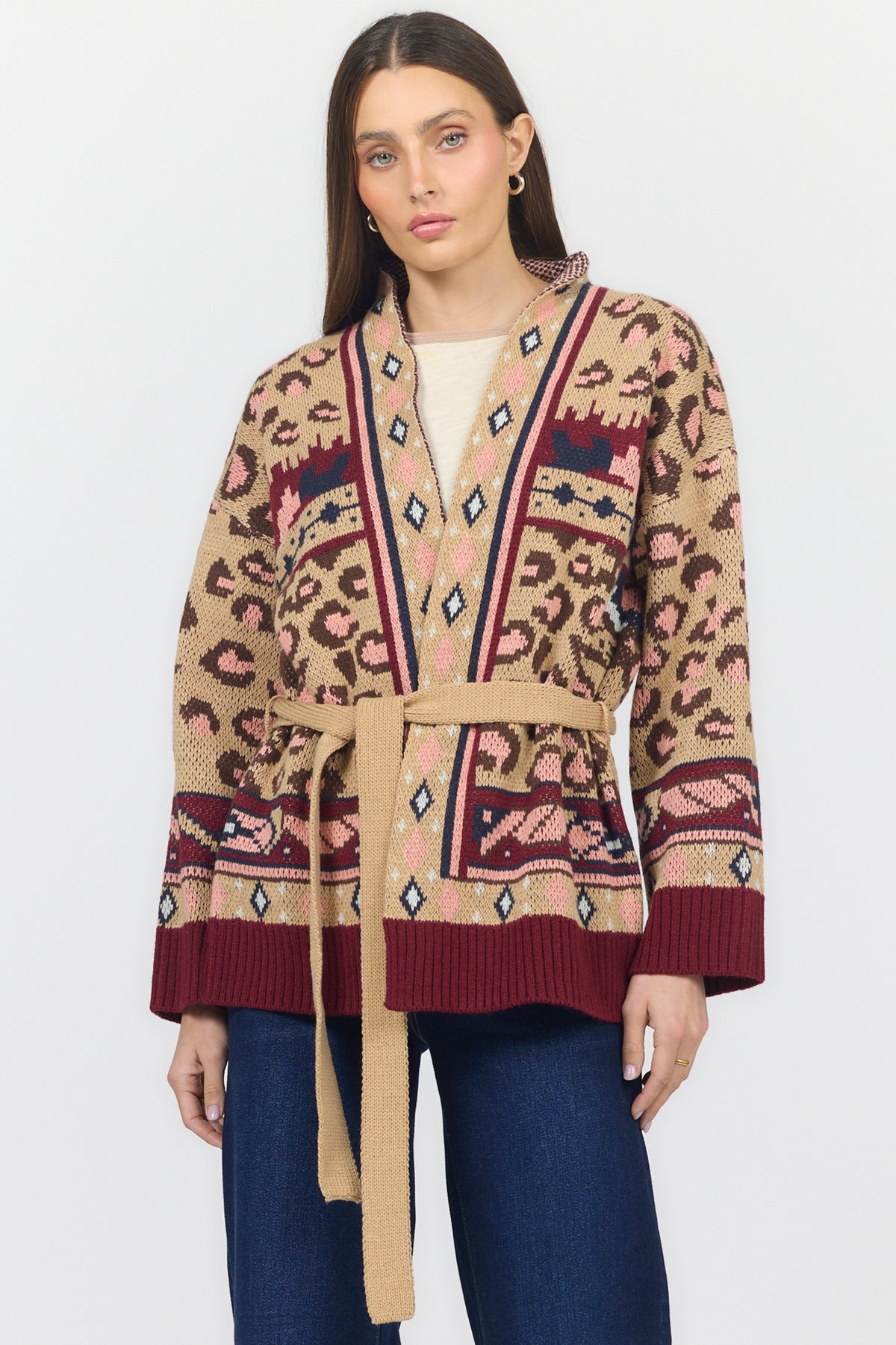 INES LONG SLEEVE SWEATERS LEOPARD INTARSIA BURGUNDY FRONT — Dear John Denim