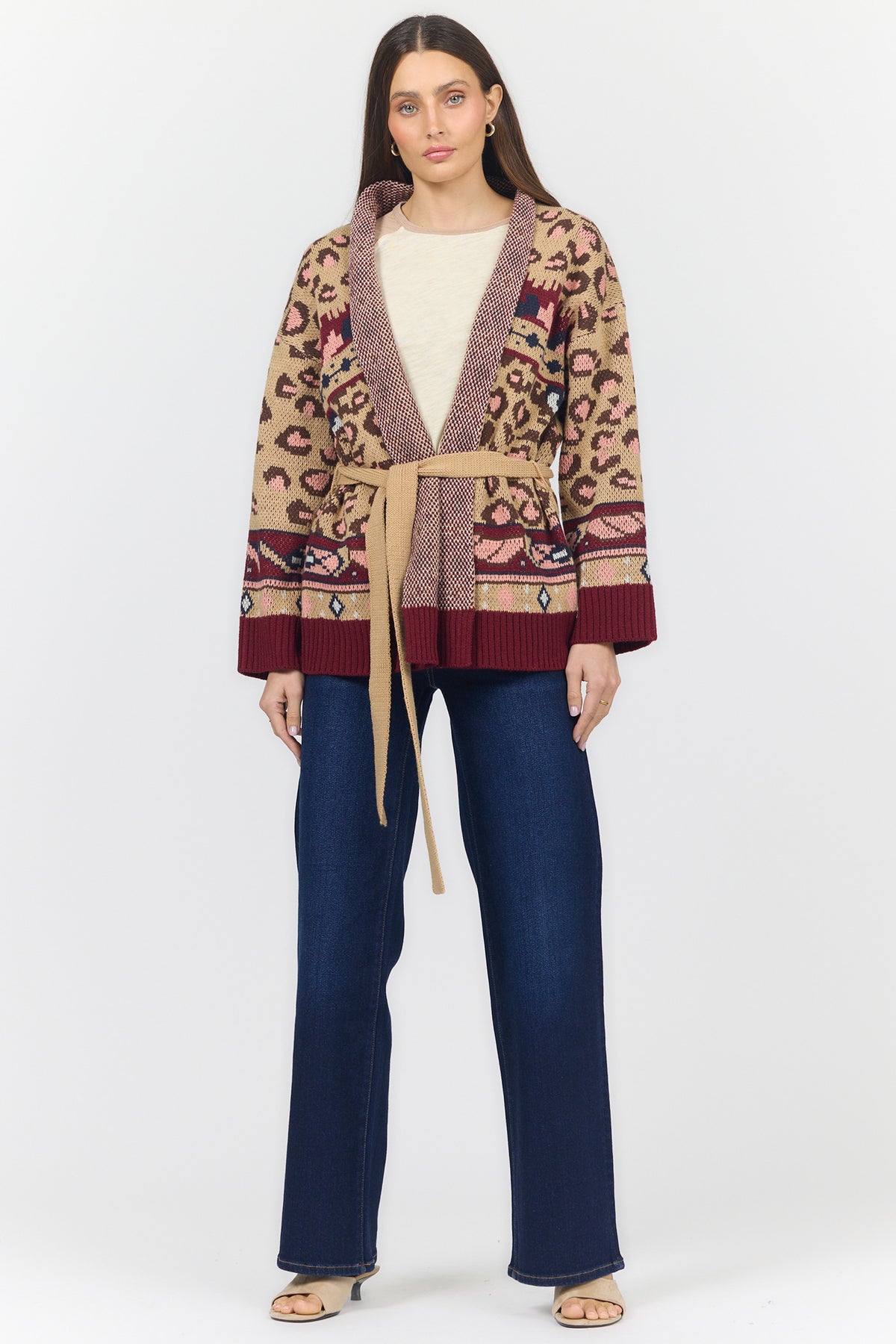 INES LONG SLEEVE SWEATERS LEOPARD INTARSIA BURGUNDY FULL — Dear John Denim