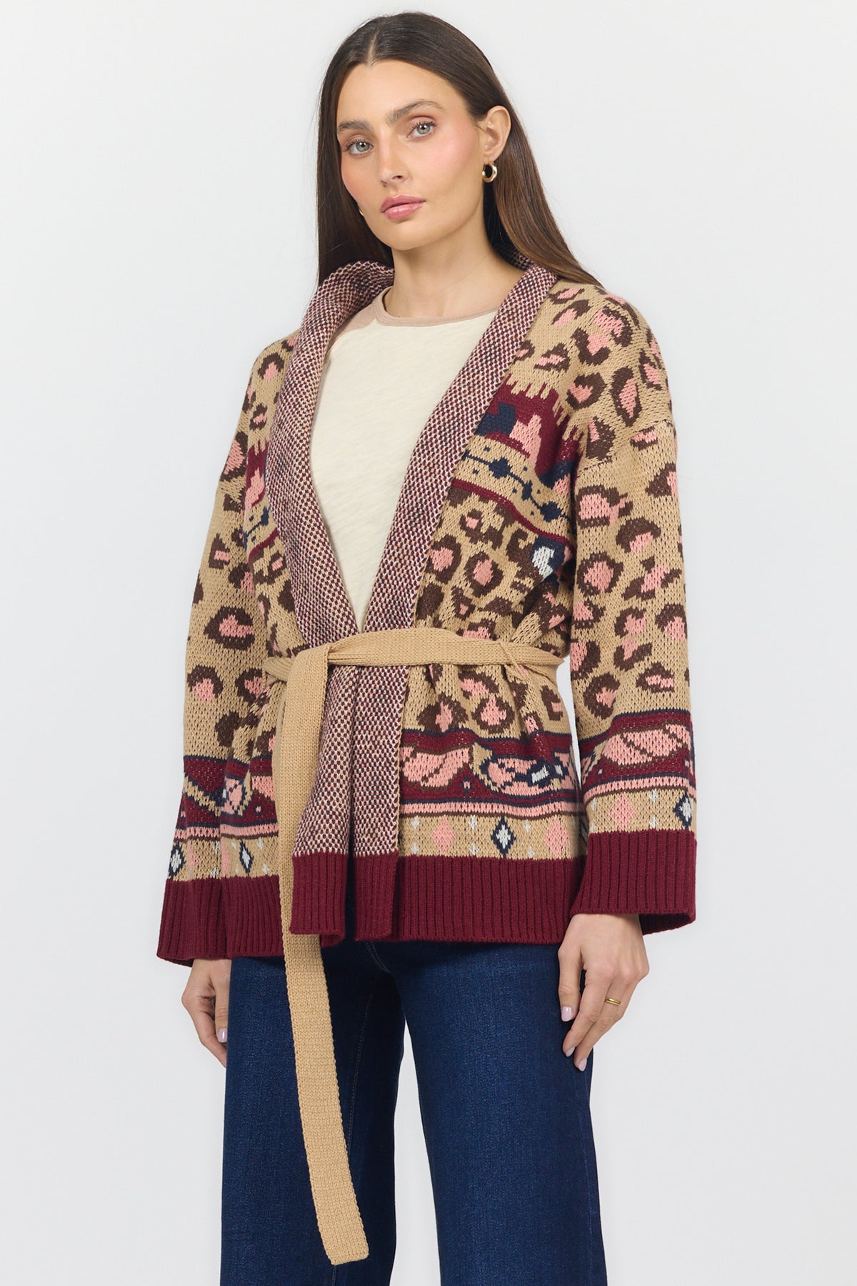 INES LONG SLEEVE SWEATERS LEOPARD INTARSIA BURGUNDY SIDE — Dear John Denim