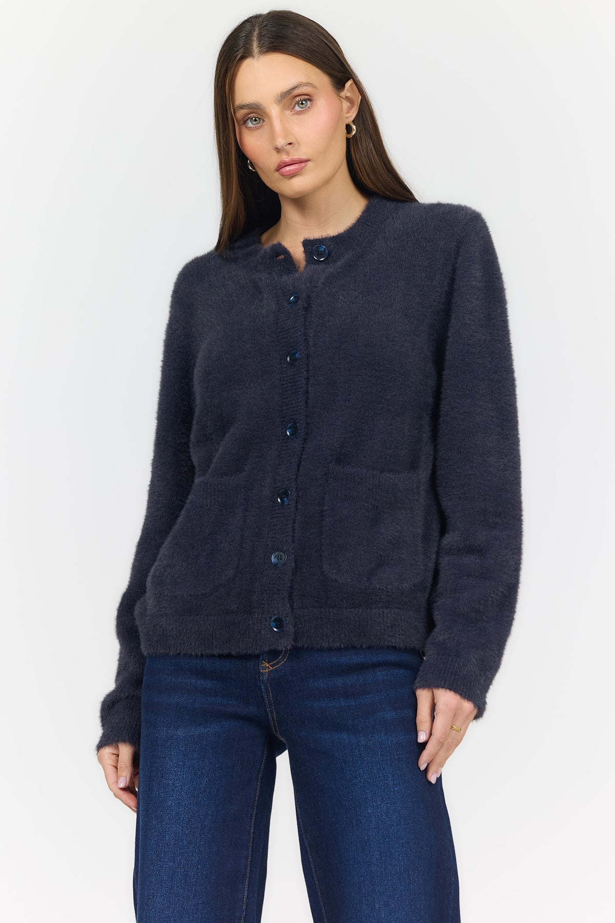 EMERI CREW NECK LONG SLEEVE SWEATERS DARKEST BLUE FRONT — Dear John Denim