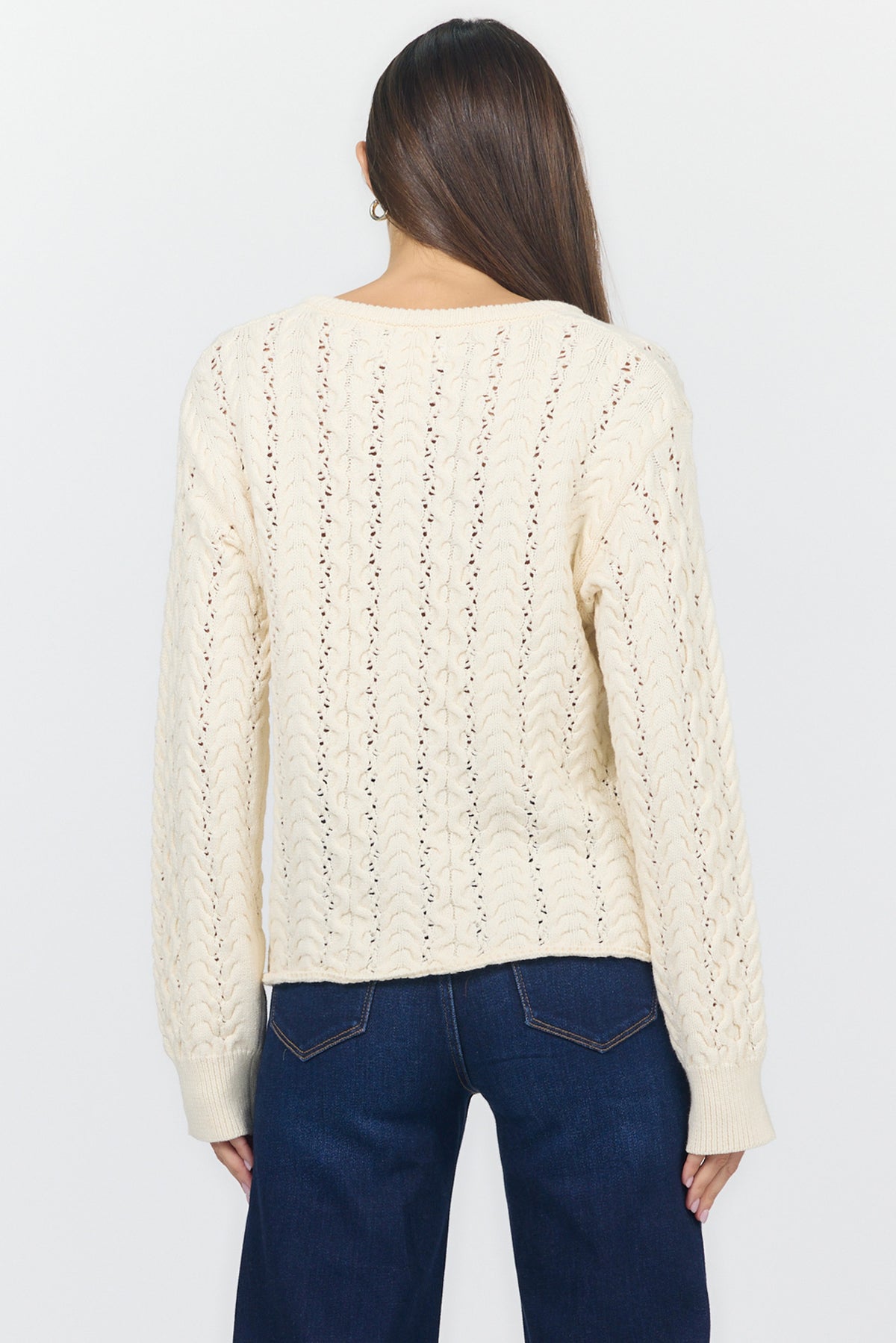 DREYA V NECK LONG SLEEVE SWEATERS CREAM BACK — Dear John Denim