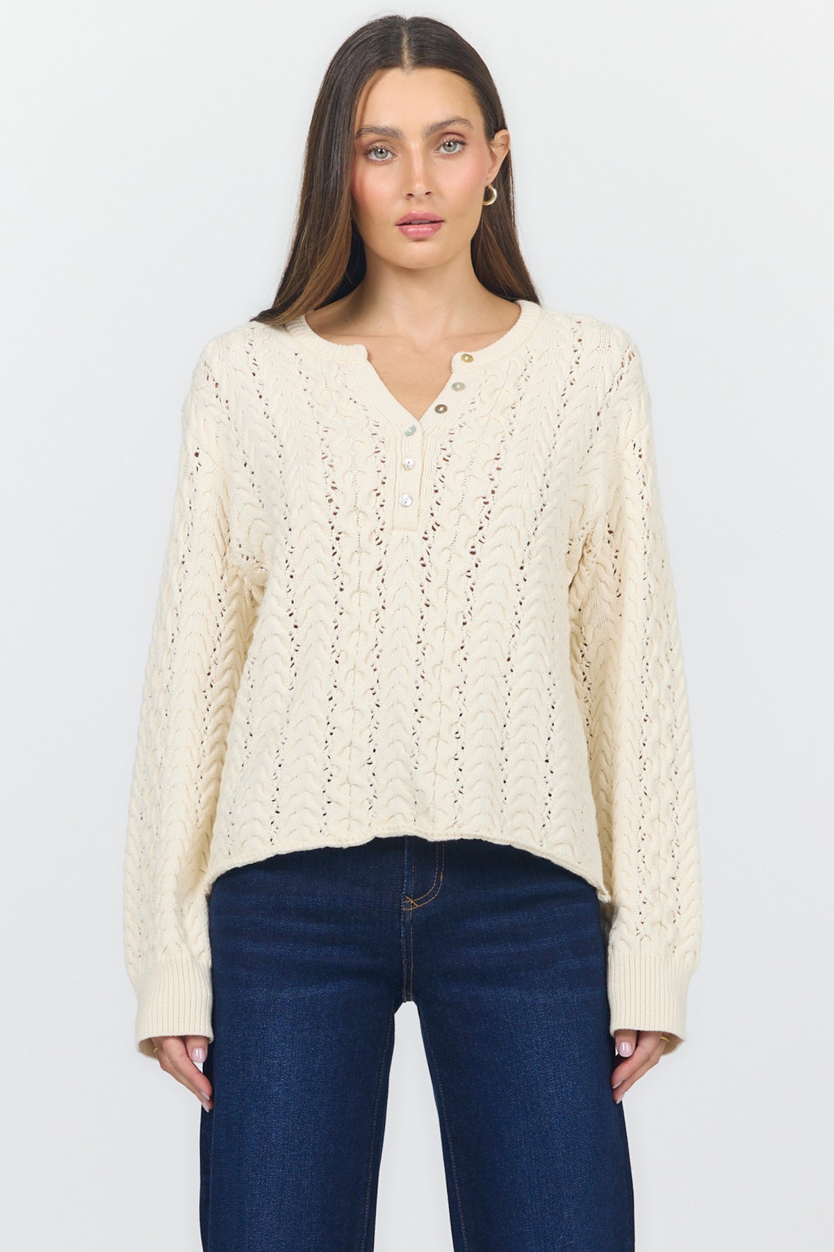 DREYA V NECK LONG SLEEVE SWEATERS CREAM FRONT — Dear John Denim