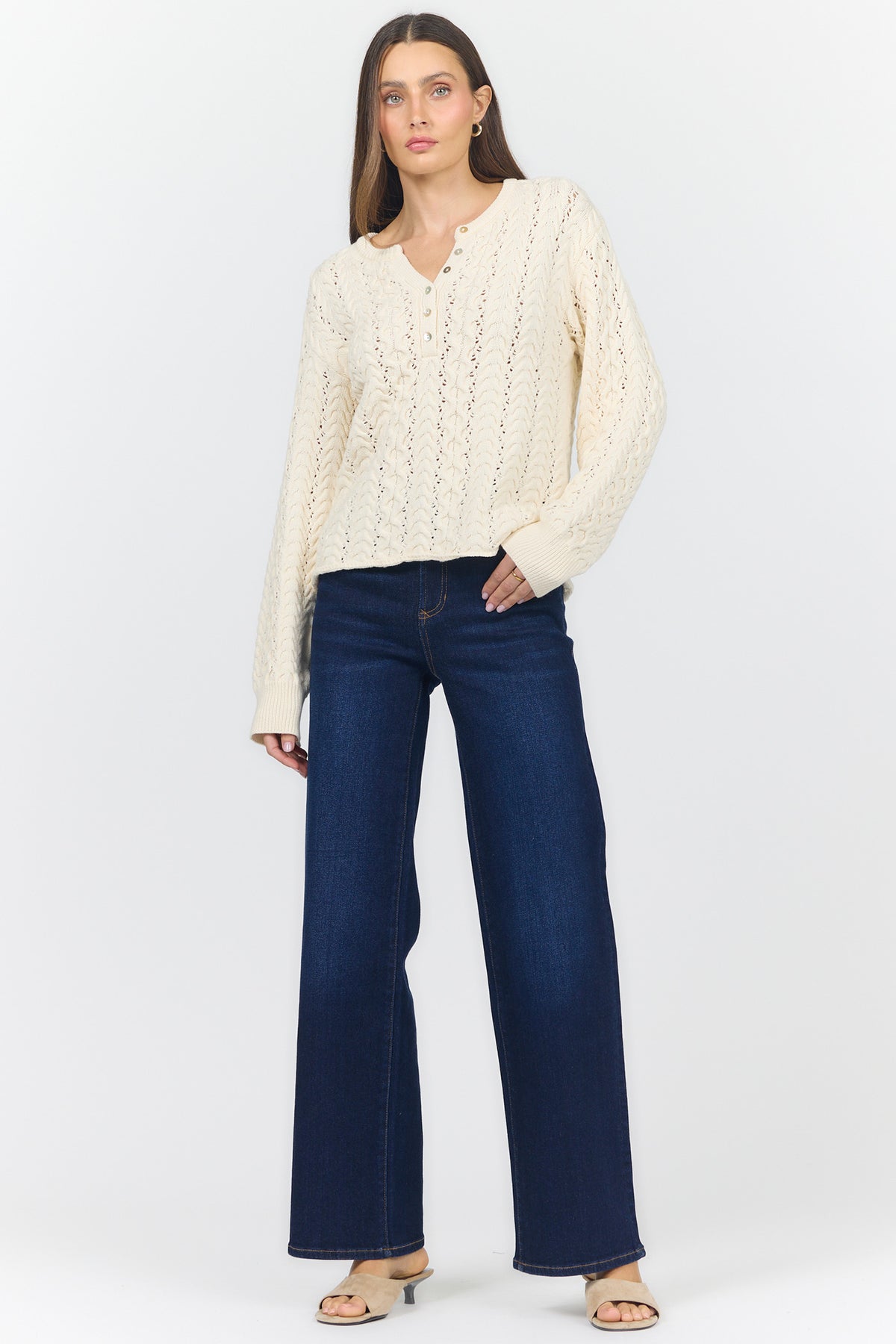 DREYA V NECK LONG SLEEVE SWEATERS CREAM FULL — Dear John Denim